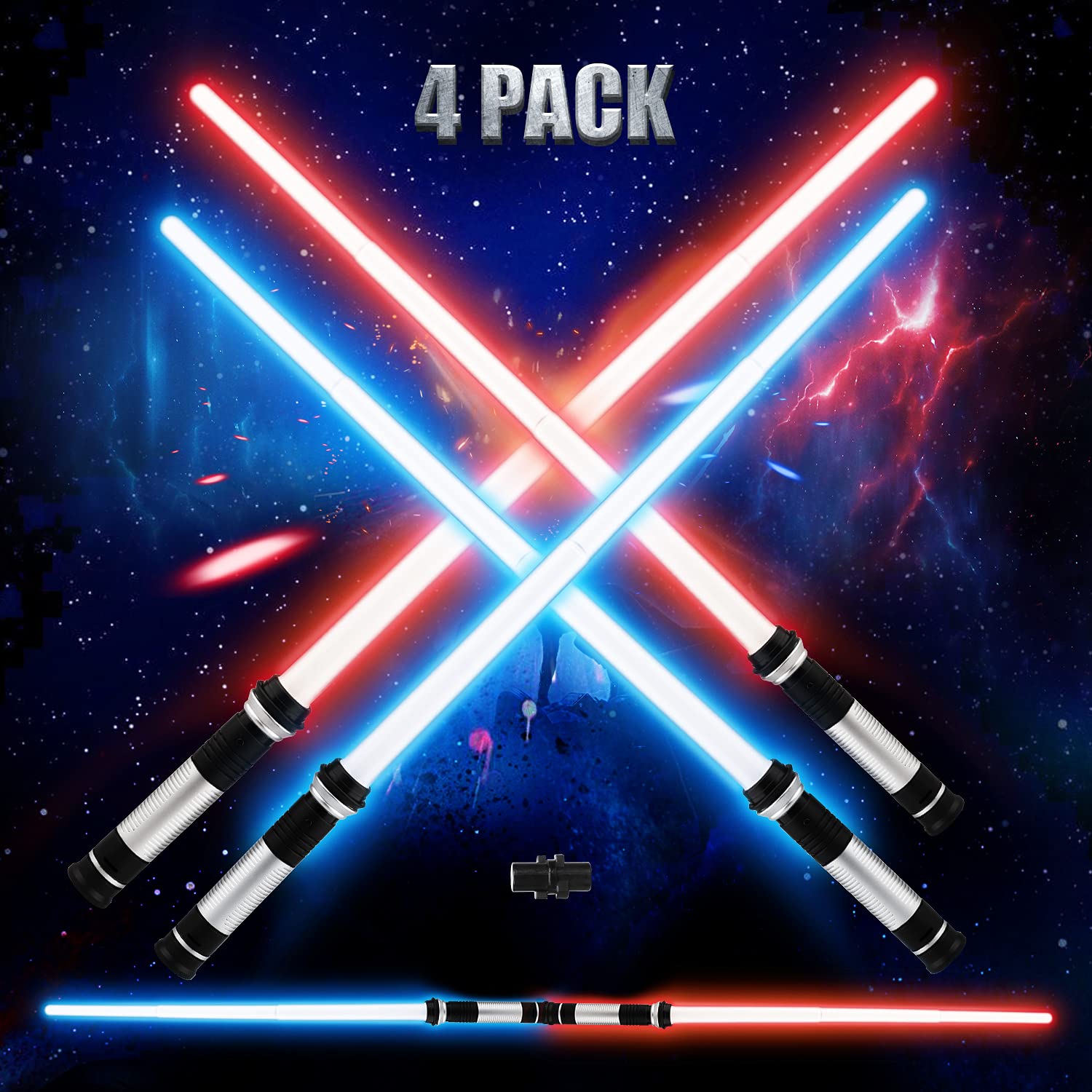 TOY Life Light Up Saber | 4 Pack Telescopic Extendable and Collapsable Sword | 2-in-1 LED + Sound FX Light Up Sword for Kids Costumes | Connects at Base to Become Double Bladed Saber Staff
