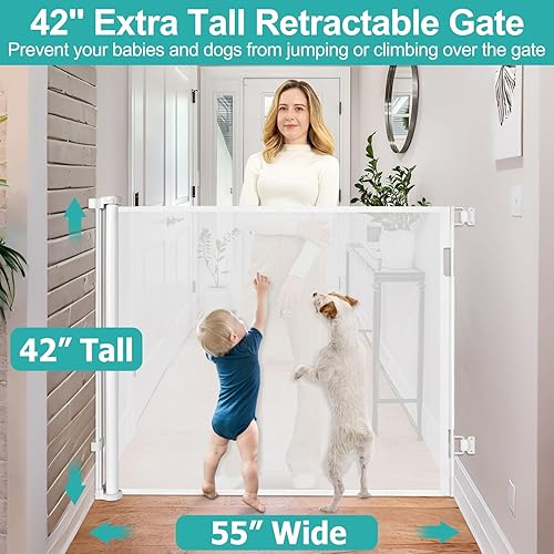 Miniatura 2 de Puertas de bebé extra altas de 42 pulgadas para puertas, puerta retráctil para perros de 55 pulgadas de ancho, puertas retráctiles para interiores