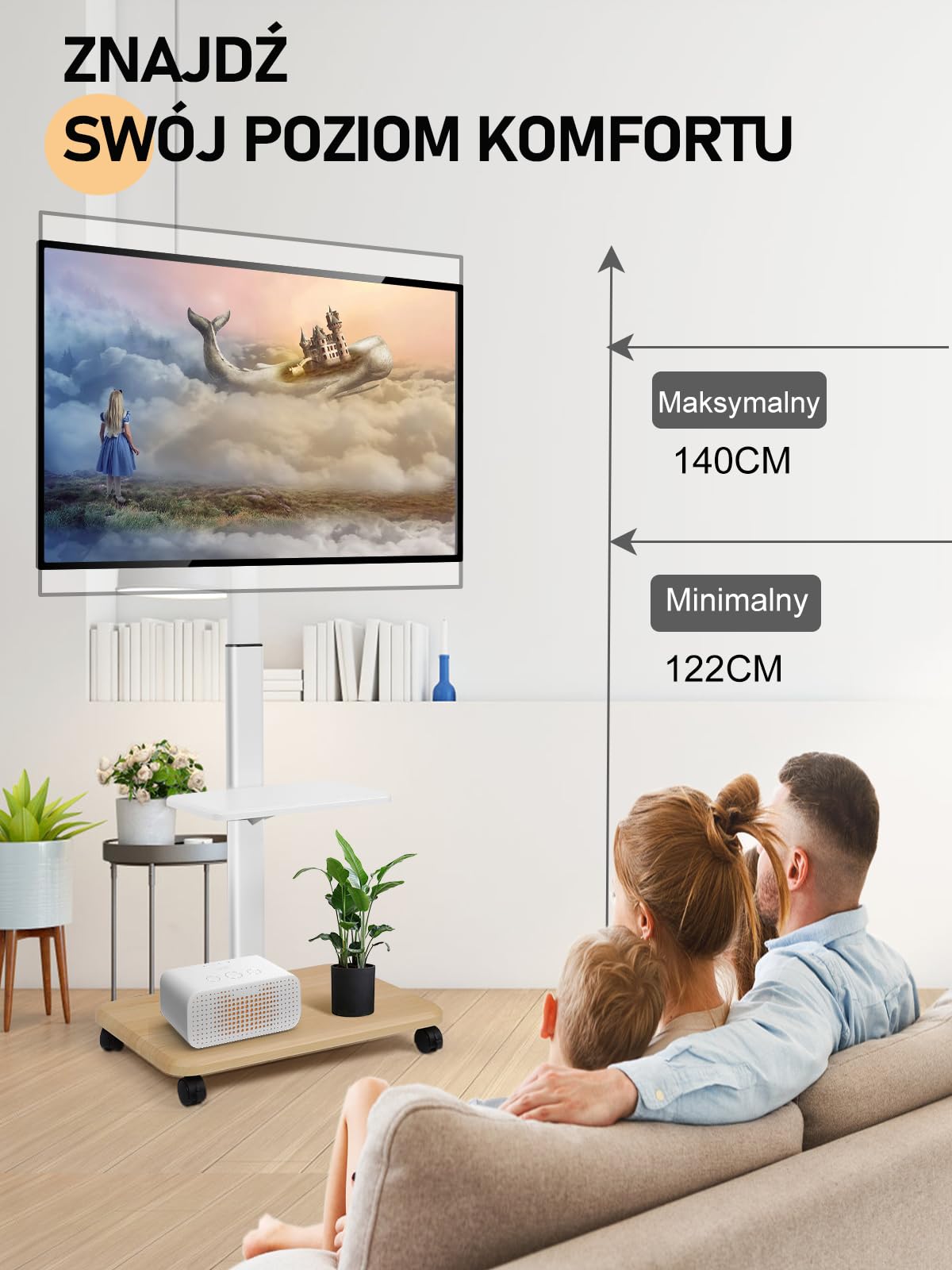 Stojak na telewizor, mobilny stojak na telewizor, 32-70 cali, płaski/zakrzywiony LED/LCD/OLED, przenośny stojak na telewizor na kółkach do 45 kg, podłogowy uchwyt na telewizor z laptopem, półką DVD