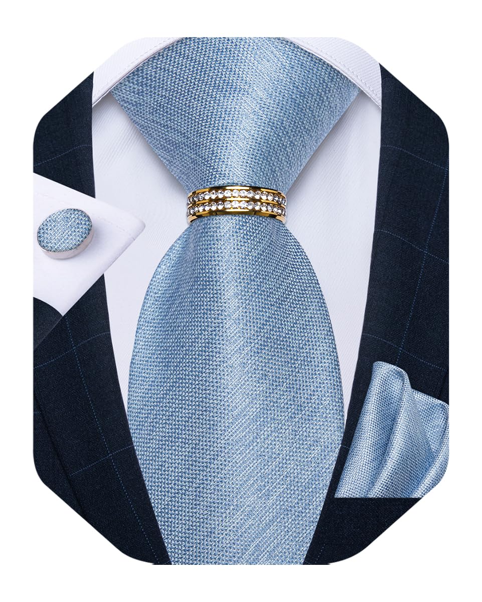 DiBanGuMens Tie Set Silk Necktie and Gold Tie Ring Pocket Square Cufflinks Formal Business Wedding Ties with Gift Box