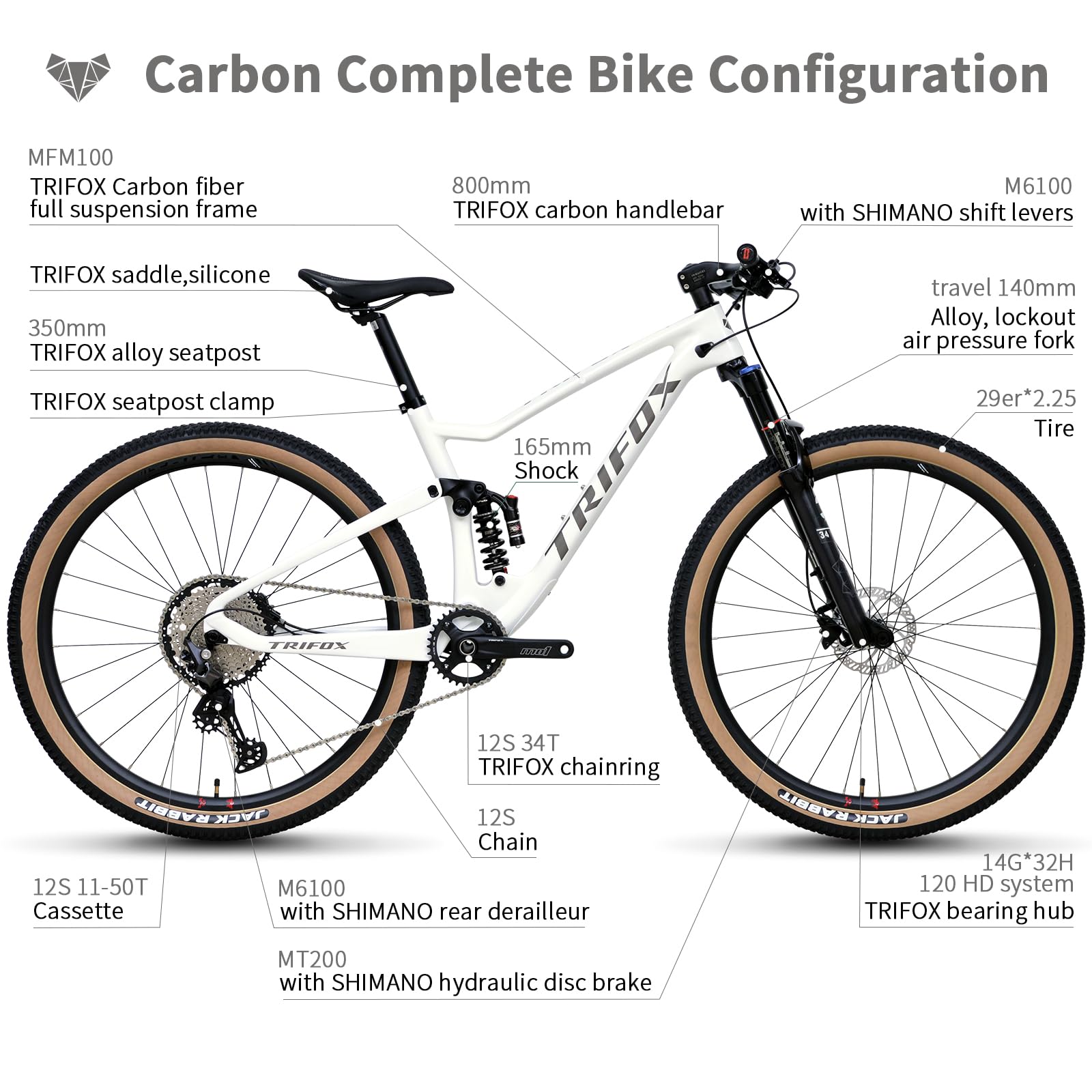 TRIFOX Carbon Full Suspension Mountain Bike with Shimano M6100 Deore Groupset 12-Speed, with Boost 29er Carbon Mountain Bike T800 Carbon Frame Carbon Integrated Bar, 140mm Travel Air Fork, Rear Shock