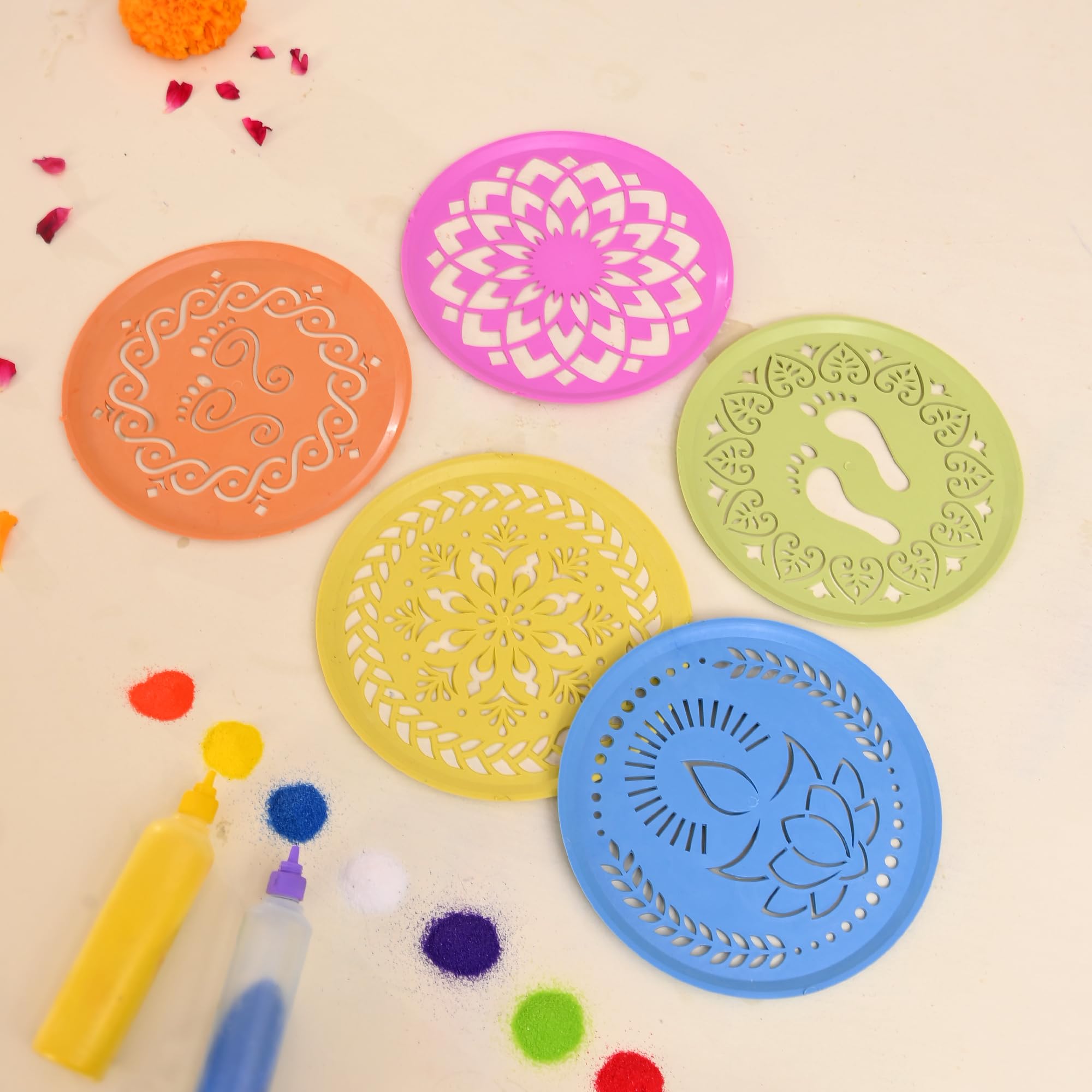 CraftVatika Rangoli Kolam Stencil Set of 12, Diwali Decoration Items, Rangoli Making Stencils for Floor Decorations, Reusebale Rangoli Stencils (15.5 CM Round)