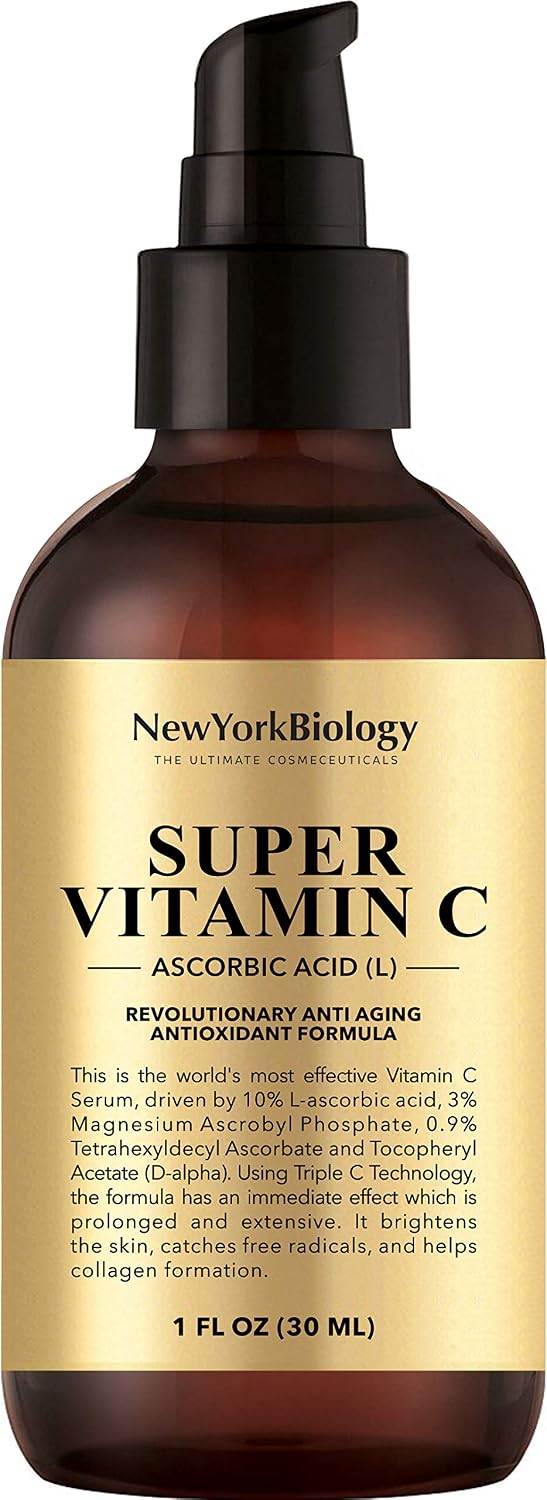 New York Biology Vitamin C Serum for Face and Eye Area - Highest Professional Grade with L Ascorbic Acid - 5X Powerful Anti Aging Serum for Age Spots, Dark Circles, Fine Lines and Wrinkles - 1 oz