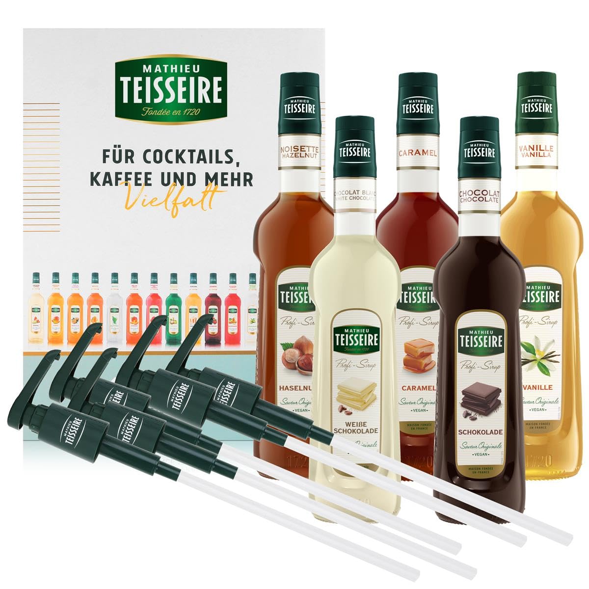 Mathieu Teisseire Kaffee Sirup Set – 5x Kaffeesirup 0,7 l & 5 Dosierpumpen - Karamell, Vanille, Schokolade, Haselnuss, Weisse Schokolade