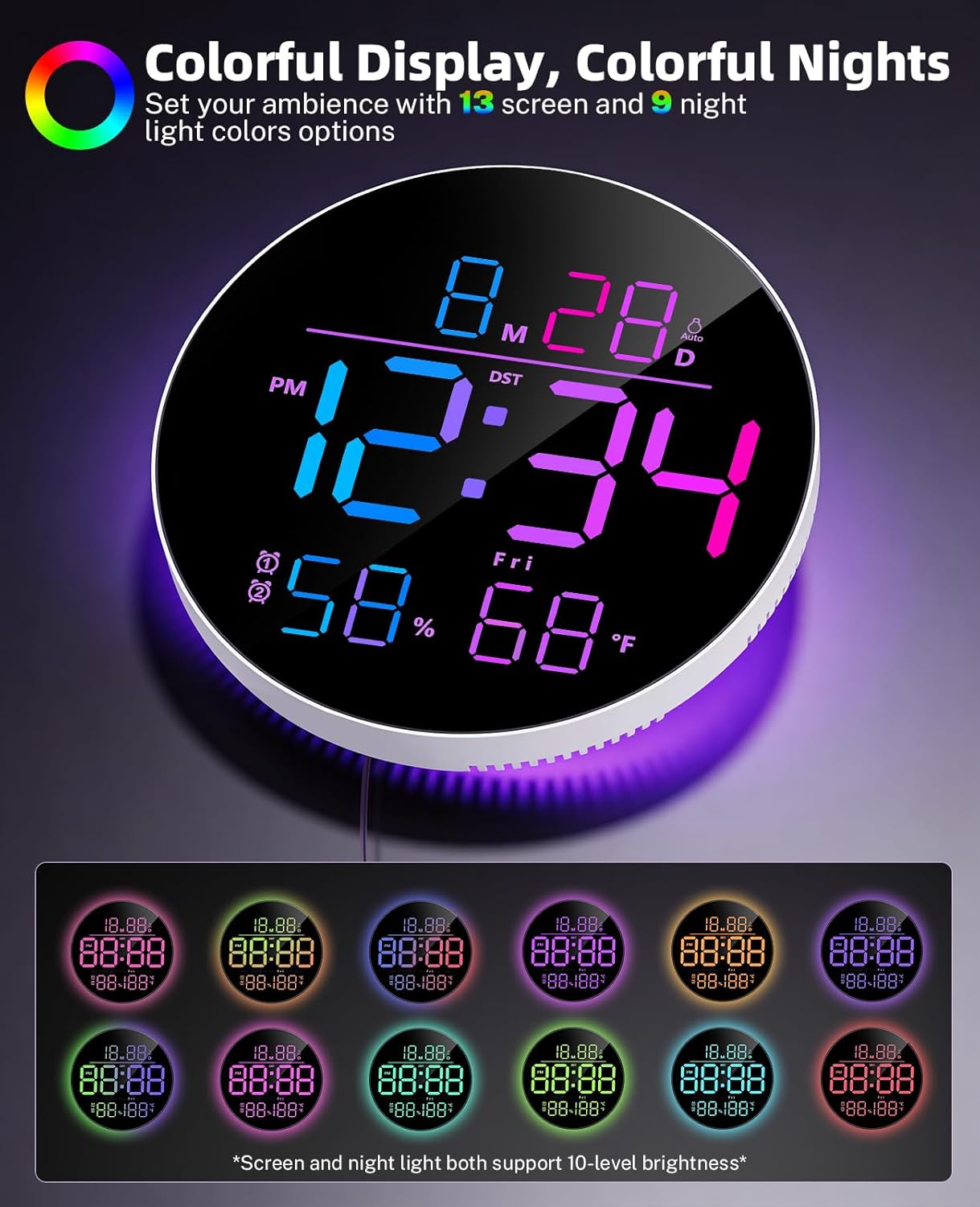 Digital Wall Clock for Classroom, Bedroom, Round 10-Inch Clock Large Display with RGB Color, Night Light, Remote Control, Temperature, Auto Brightness, Volume Control (Adapter Included)