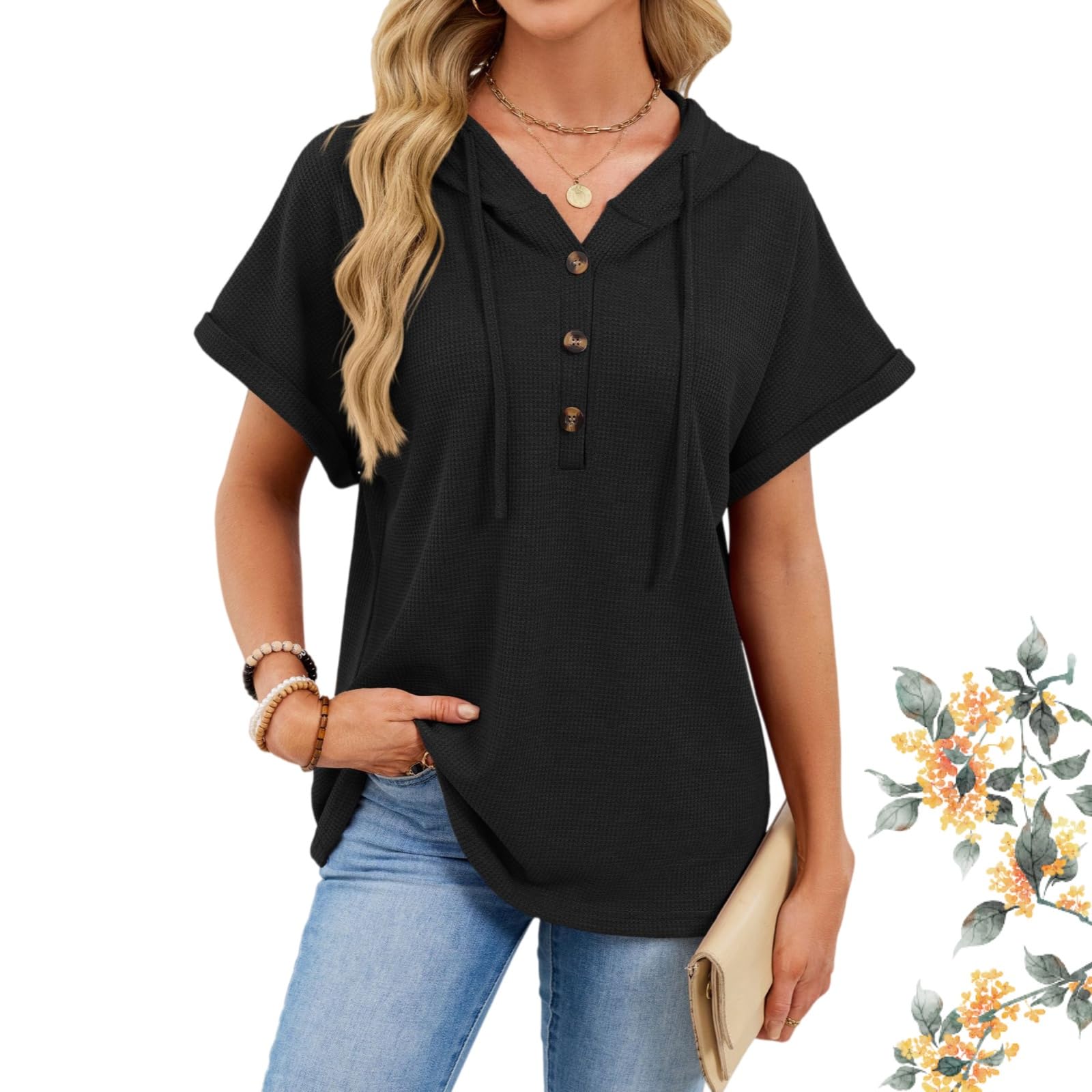 Bluzy z kapturem dla kobiet, oversize, dzianinowa bluza z dekoltem w serek, krótki rękaw, sznurek, guziki, pulower, topy do codziennego noszenia