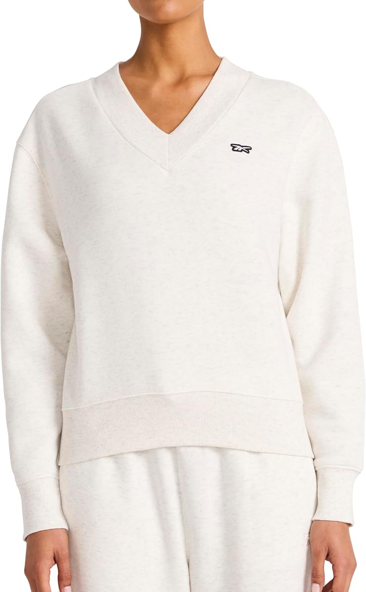 Sudadera universitaria con cuello en V para mujer, corte estándar, tejido de algodón y poliéster de peso medio