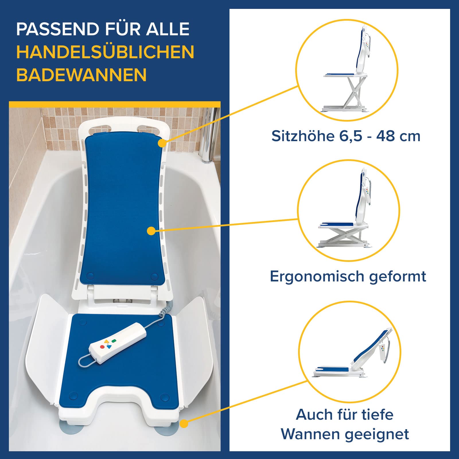 Drive Medical Badewannenlift BELLAVITA 2G mit Bezug Classic weiß I Ergonomischer Badewannenlifter für Senioren I Elektronisch verstellbar mit schwimmfähiger Bedienung I, belastbar bis 140kg