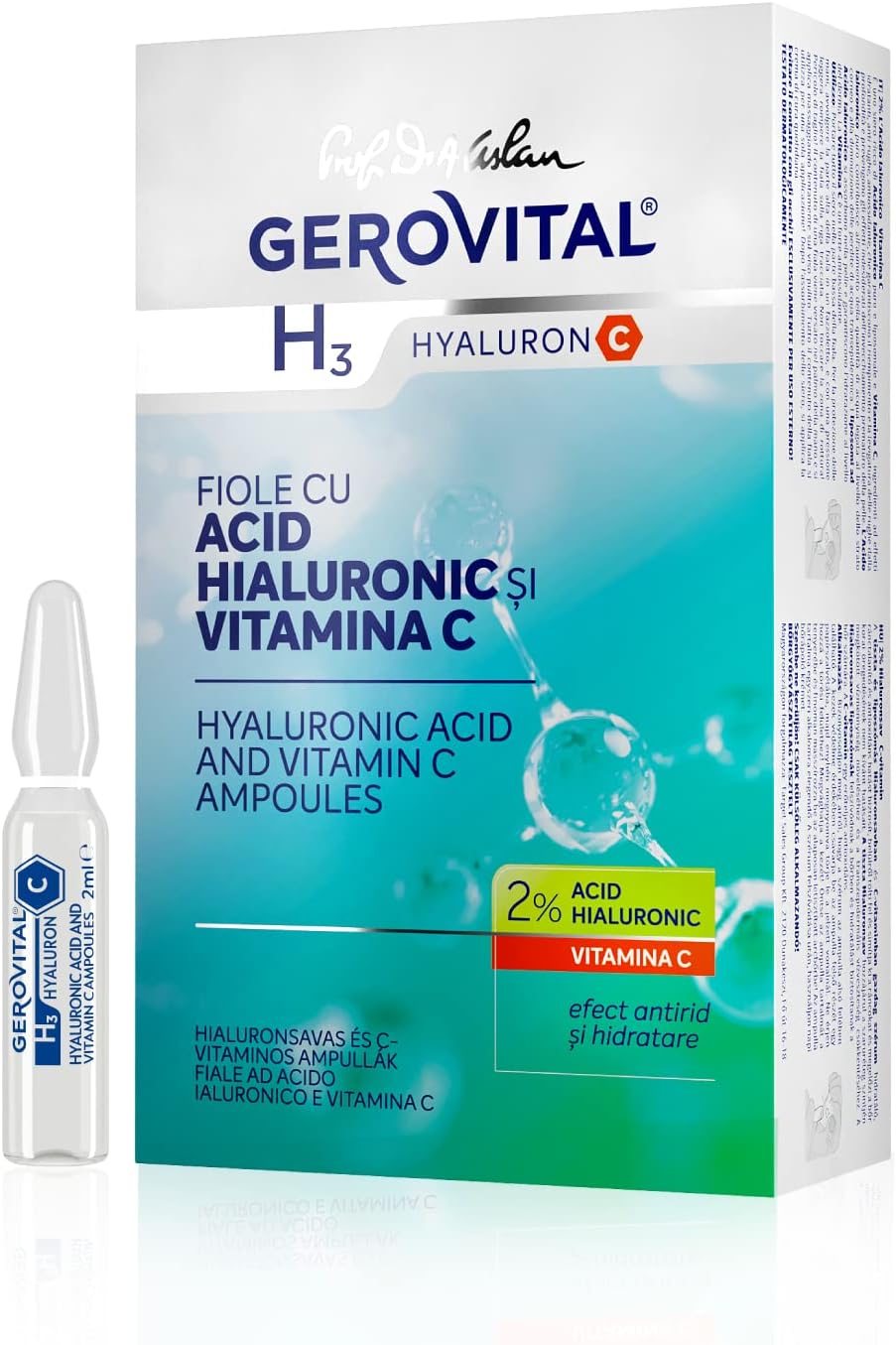 Gezichtsserum met 2% hyaluronzuur en vitamine C, intensieve antirimpelbehandeling, voor normale, gemengde, droge huid, 10 ampullen x 2 ml, Gerovital H3 Hyaluron C