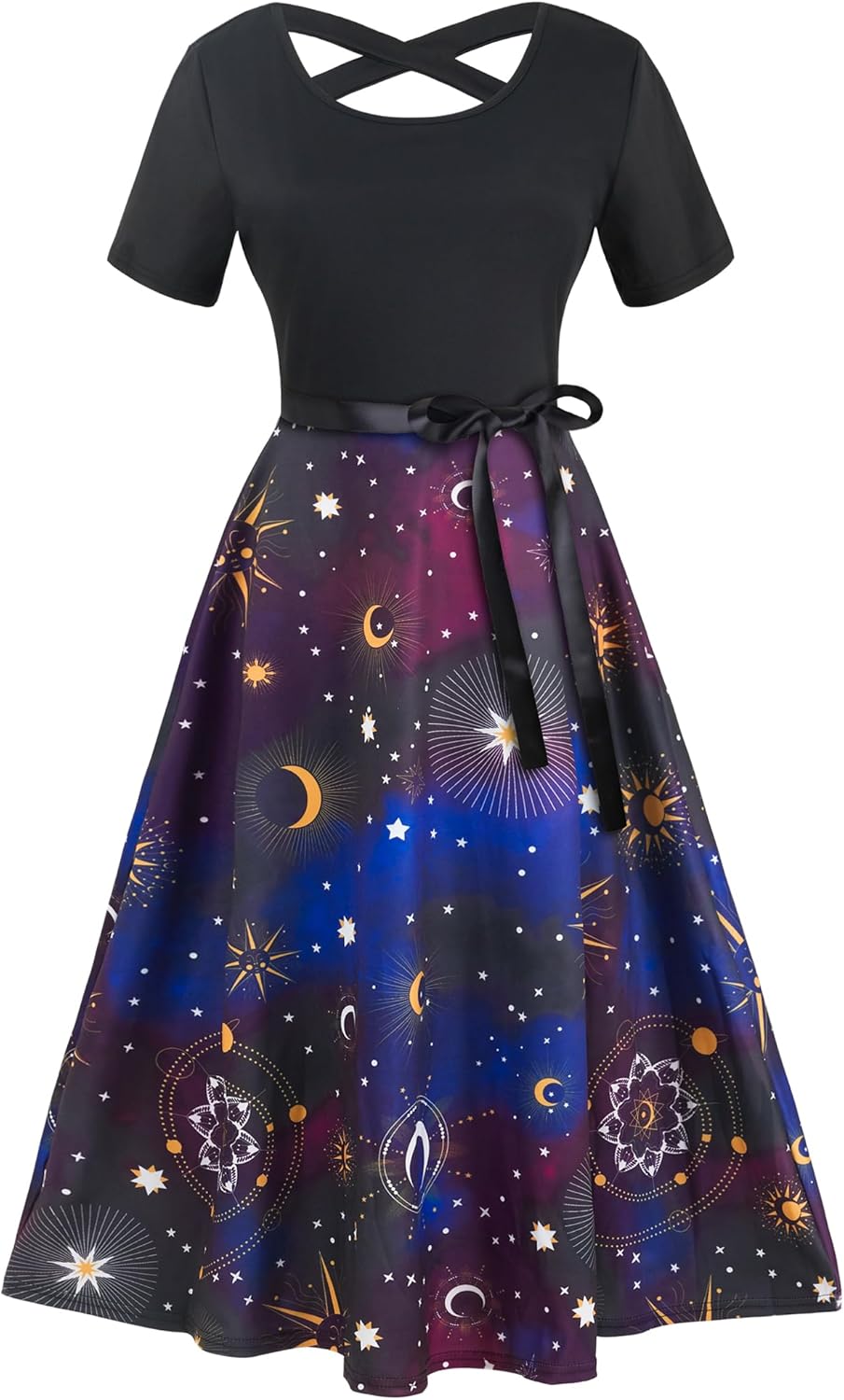FEAPHY Women's Sun Moon Star Galaxy Dress Short Sleeve High Waisted Belted A-Line Midi Dress