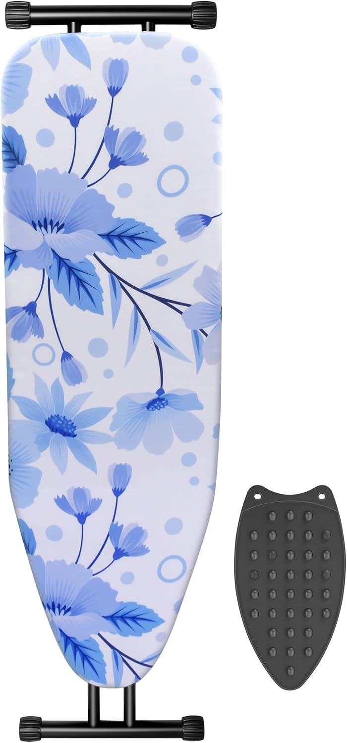 Ironing Board, Compact and Space Saver Ironing Board, Extra Wide Ironing Area with Extra Thick Heavy Duty Padded Cover, Stable Structure, Easy to Fold,Height Adjustable Blue and White Floral