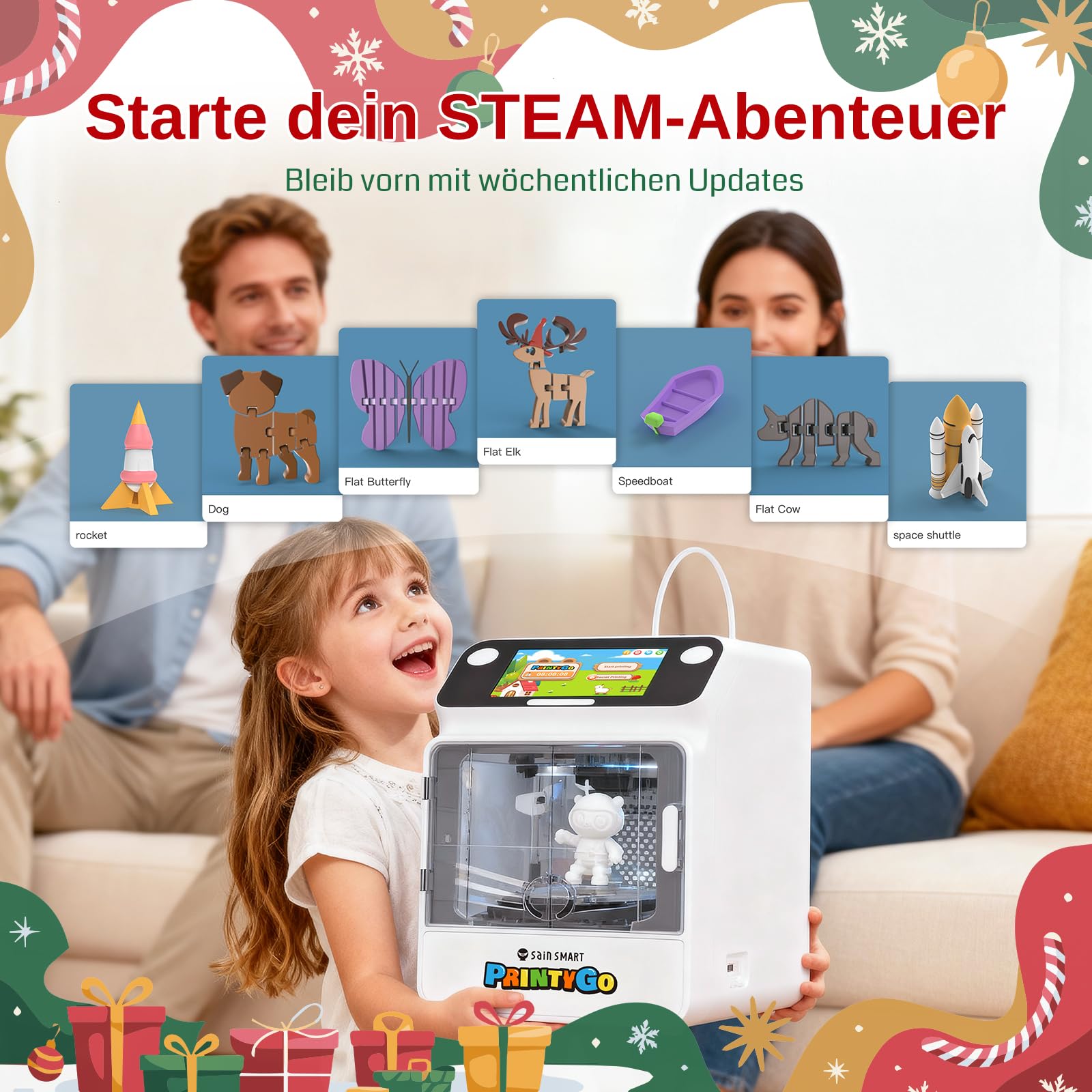 SainSmart PrintyGo Mini 3D-Drucker für Kinder – 600 mm/s Auto-Leveling, 5"-Touchscreen, 1500+ Modelle, Kindersicher, Wi-Fi/App-Steuerung, Vormontiert – Perfektes STEM-Lernspielzeug