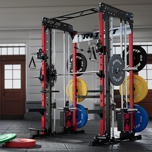 Miniatura 4 de RitFit Máquina M1 Pro Smith con sistema de cruce de cables, jaula multifunción para sentadillas para gimnasio en casa, rack de energía y paquetes