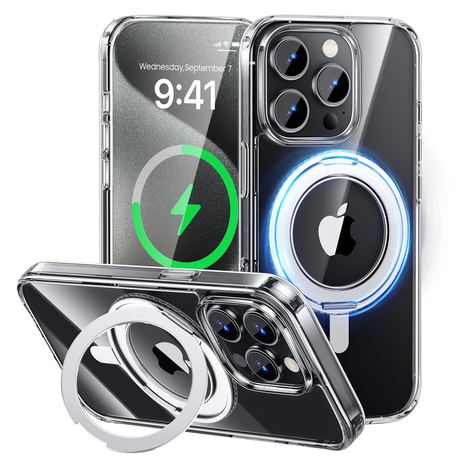 MAGIC JOHN for iPhone 15 Pro Case 360 Rotatable Magnetic Invisible Stand Fit for MagSafe 15 Pro Phone