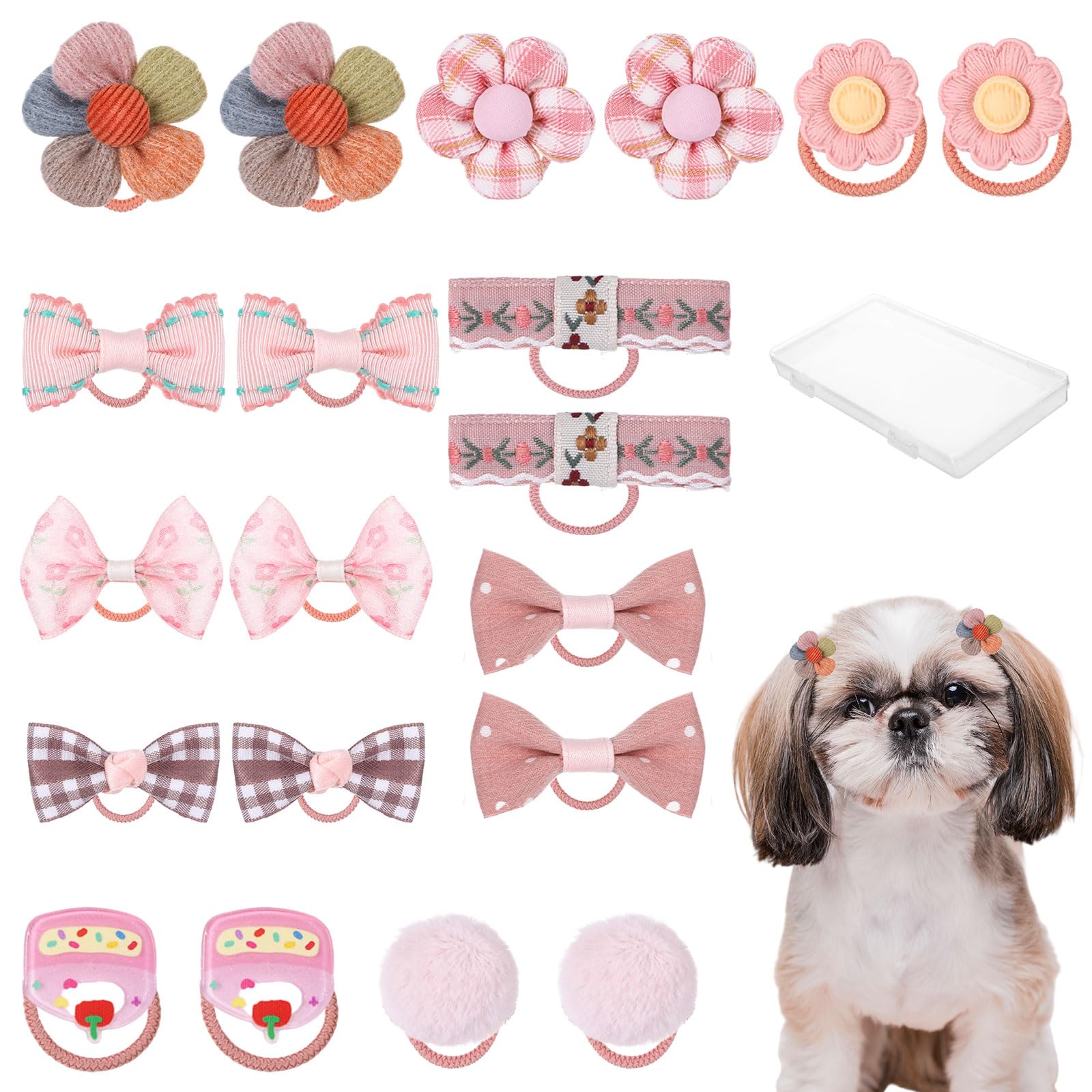 YONHTUTU 20Pcs Small Dog Hair Bows with Rubber Bands, Pink Handmade Cute Puppy Bows, Mix Style Grooming Flower Ball Bowknot Top Knot Hair Ties Accessories for Yorkie Maltese Shih tzu Cat Pet