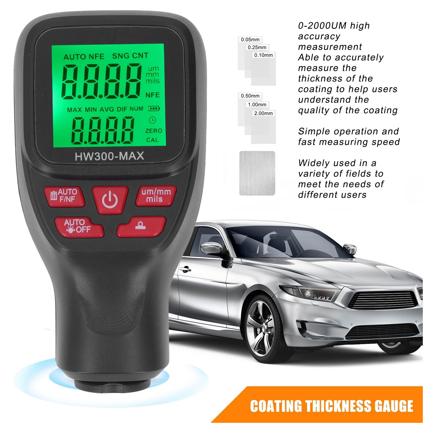 XHTLLO Paint Thickness Gauge, High Accuracy 0-2000UM Coating Thickness Tester Paint Gauge with Auto Power Off, Car Coating Thickness Meter for Vehicles and Home Renovation