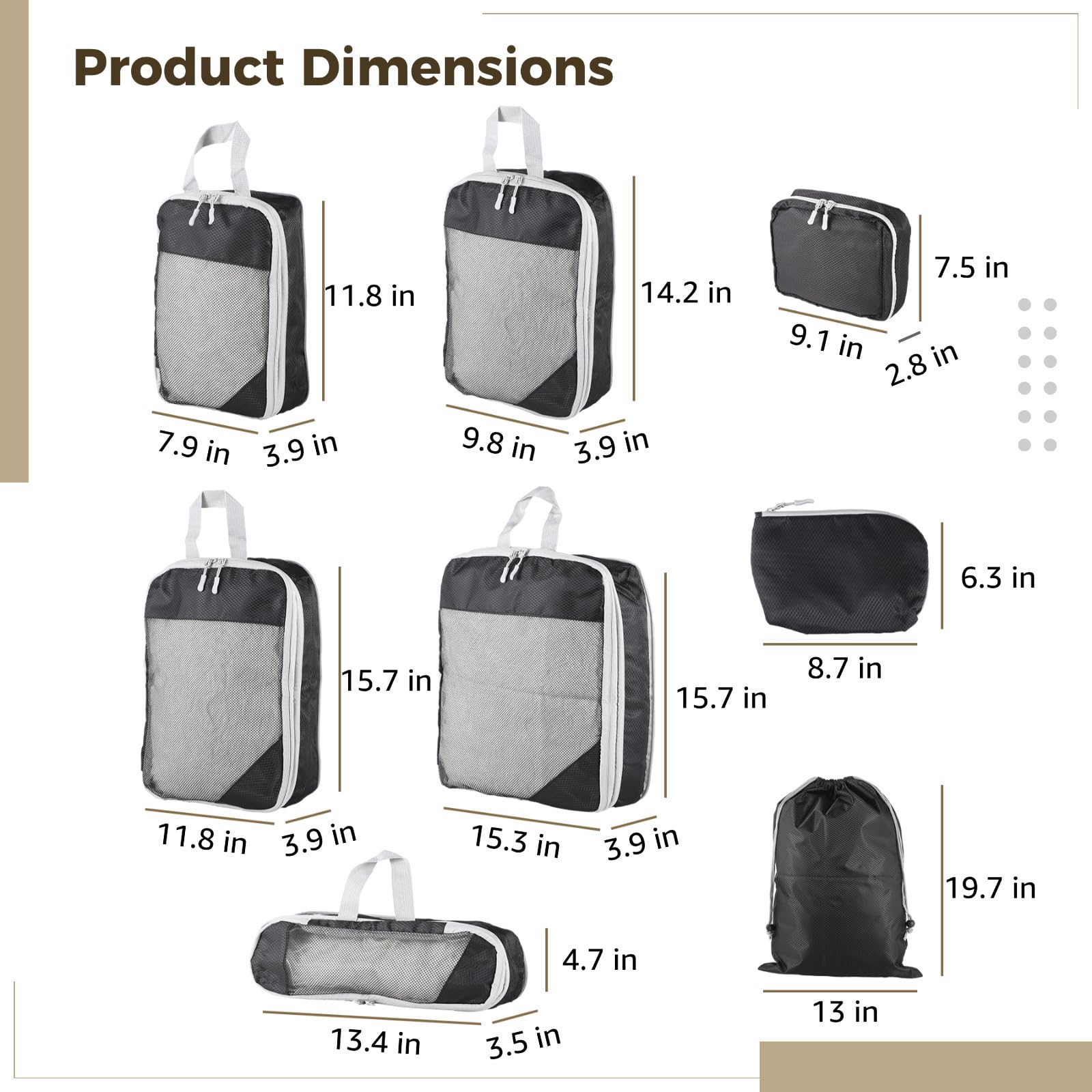 Kompressions-Reise-Aufbewahrungstaschen-Set, 8-teilig, Gepäck-Organizer, Schwarz