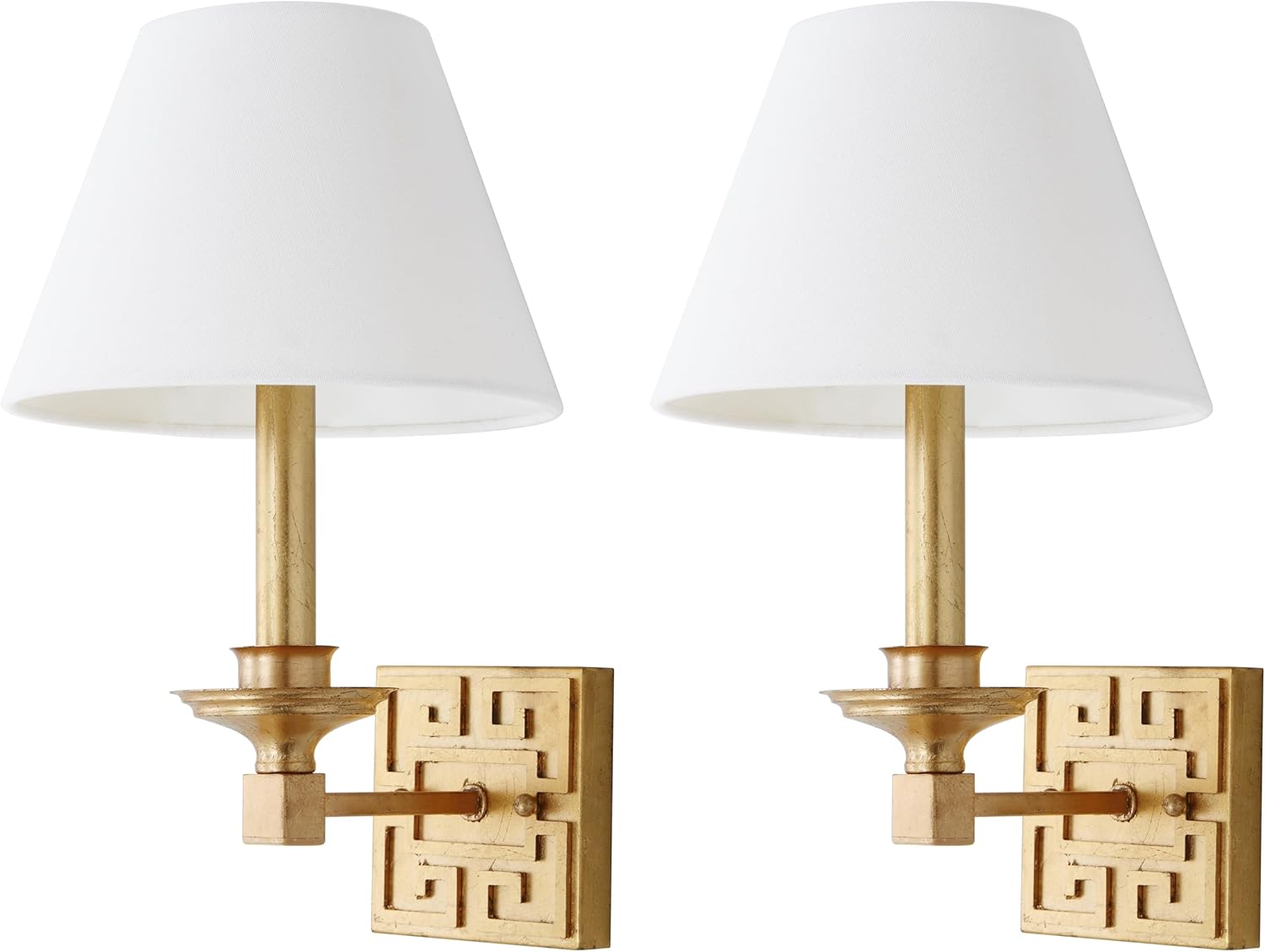 SAFAVIEH Lighting Collection Elvira Greek Key Gold Bedroom Bathroom Vanity Hallway Foyer Living Room Wall Sconce Set of 2 (LED Bulbs Included)