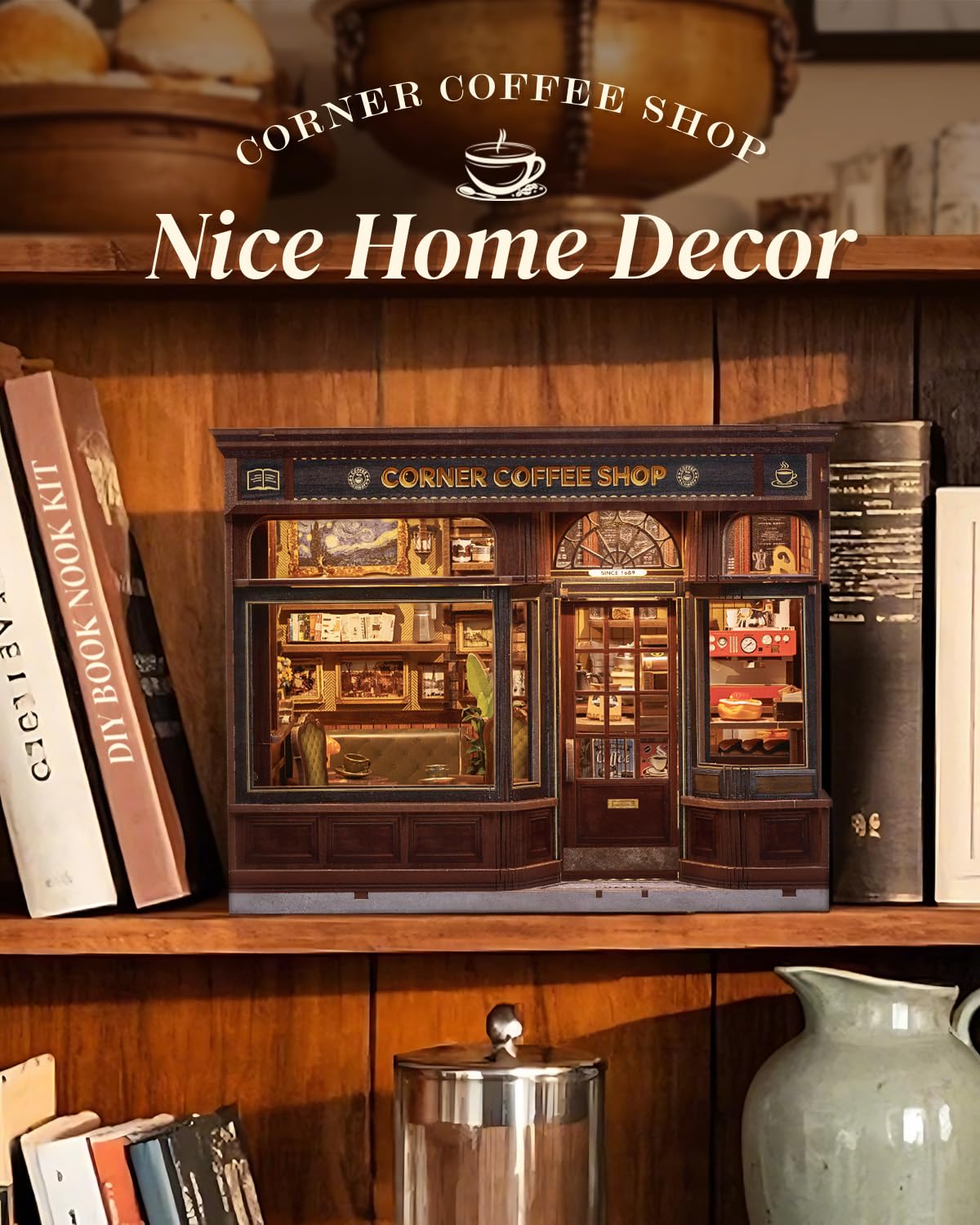 Cutefun Book Nook Kit - Case delle Bambole con Luci LED, Puzzle in Legno per Decorare Scaffali, Casetta DIY per Adulti e Adolescenti - Regalo Perfetto per gli Amanti del Caffè e del DIY