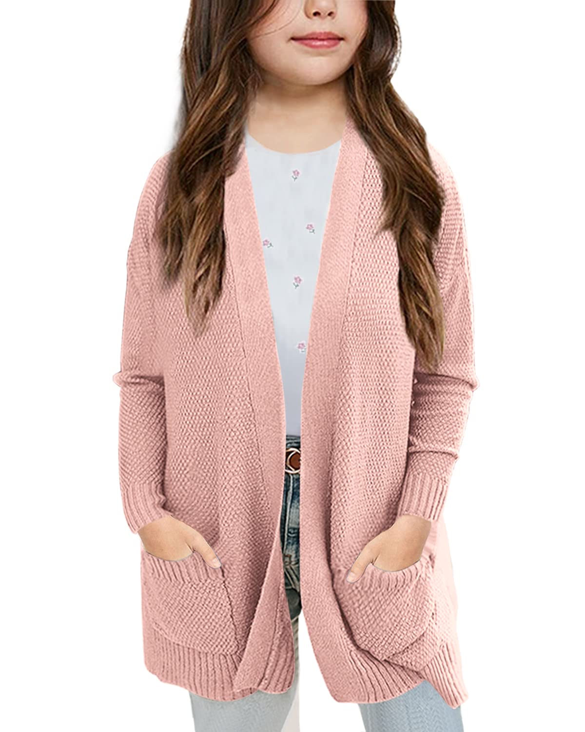 Goranbon Girls' Cardigan Sweaters Open Front Long Sleeve Casual Sweater Coats with Pockets Pink