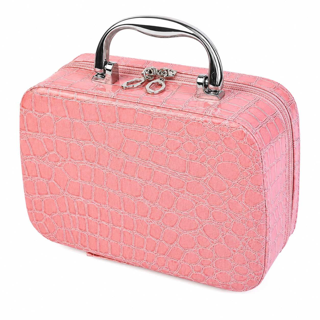 Crocodile Pattern PU Leather Makeup Bag with Mirror, Pink, Travel Cosmetic Organiser for Women-image-22