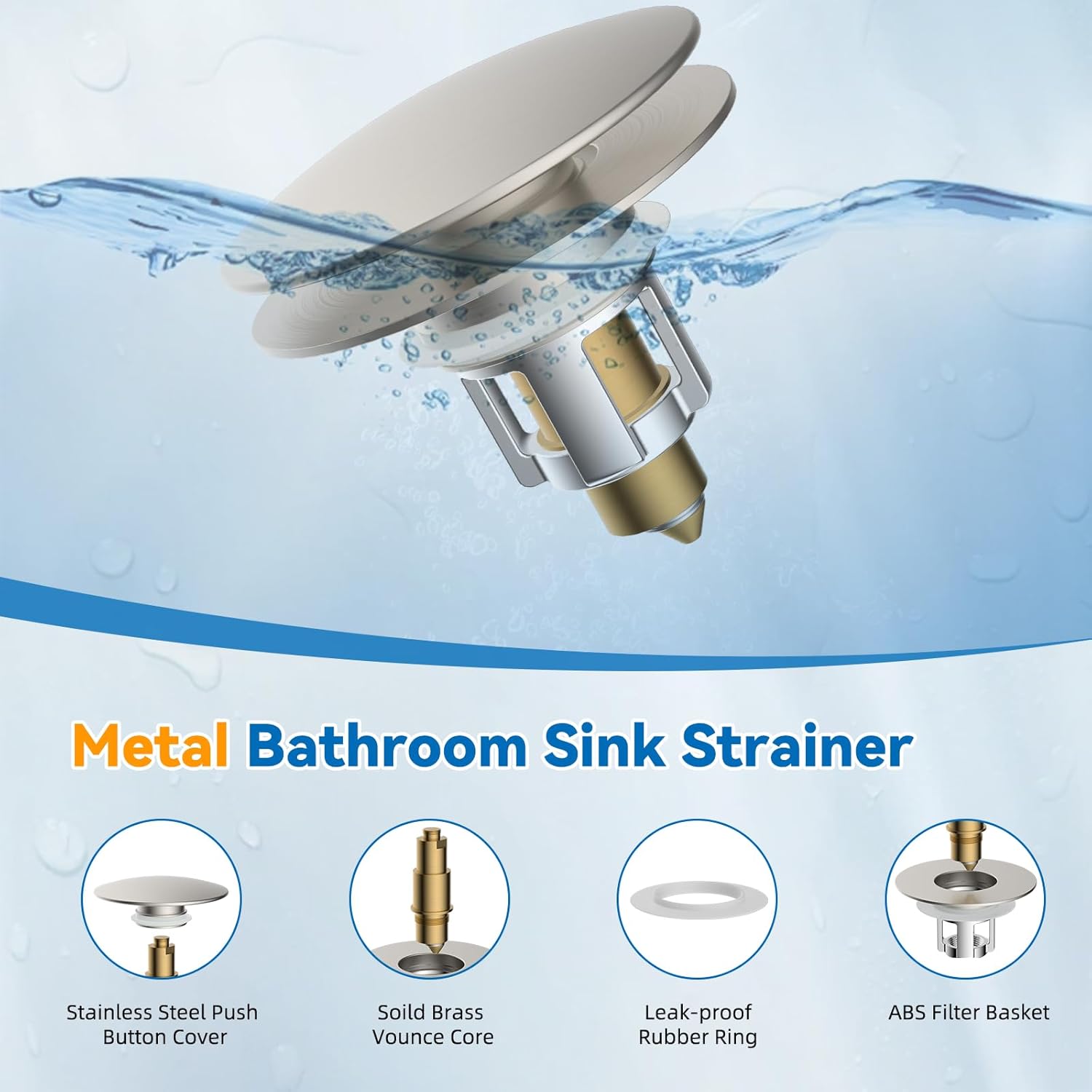 iFealClear 2 Pack Universal Bathroom Sink Stopper, Pop Up Sink Drain Strainer with Hair Catcher Basket, Fit 1.1"-2.36" US Basin, Wash Basin Drain Plug, Big Cover Cap, Brass Bounce Core, Brushed Nickel