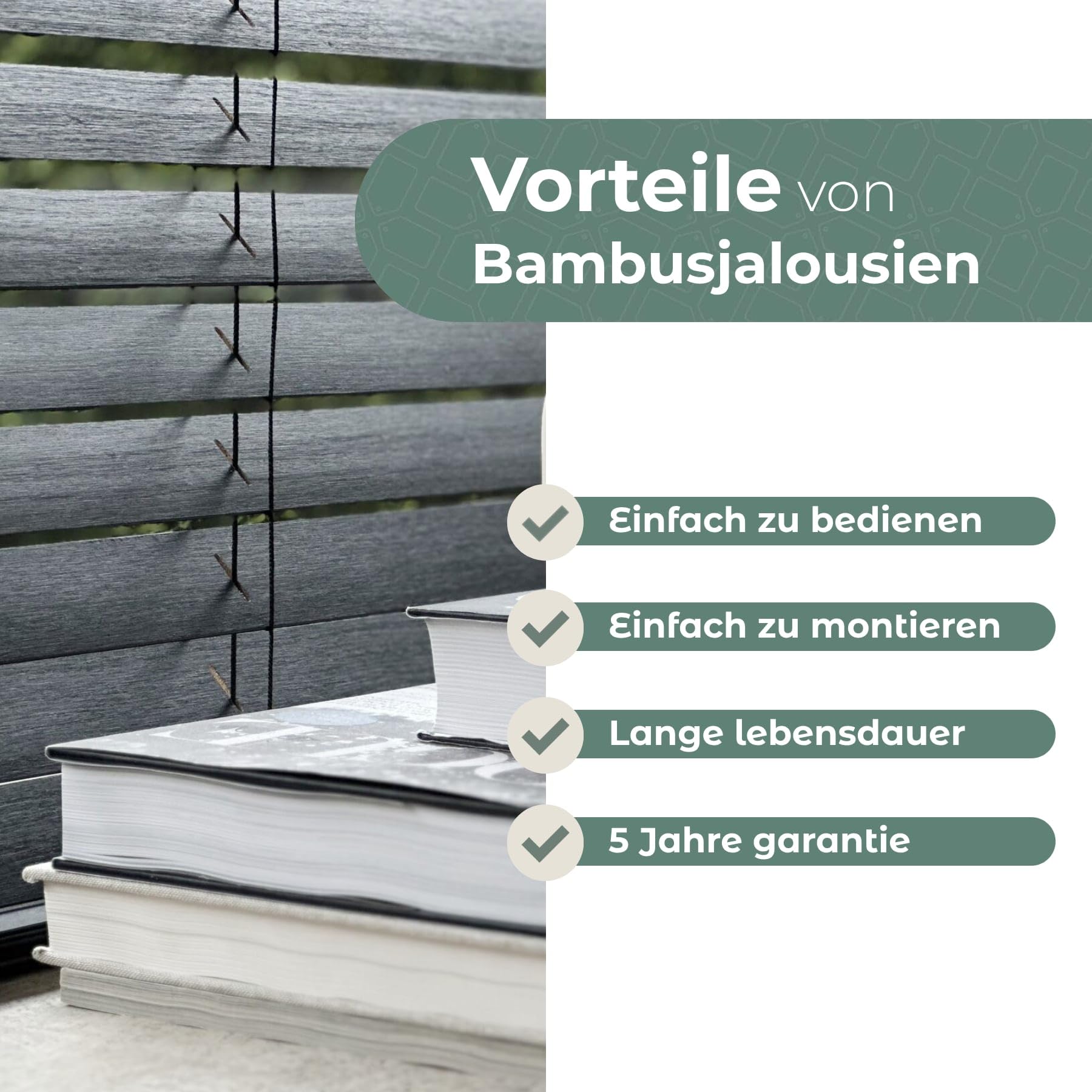 Bambus Jalousie 50 mm - Schwarz - 120 cm x 250 cm (BxH) - Jalousie für Fenster und Tür - Jalousie aus Bambus - Erhältlich in Breiten von 50 cm bis 160 cm - Innenjalousie
