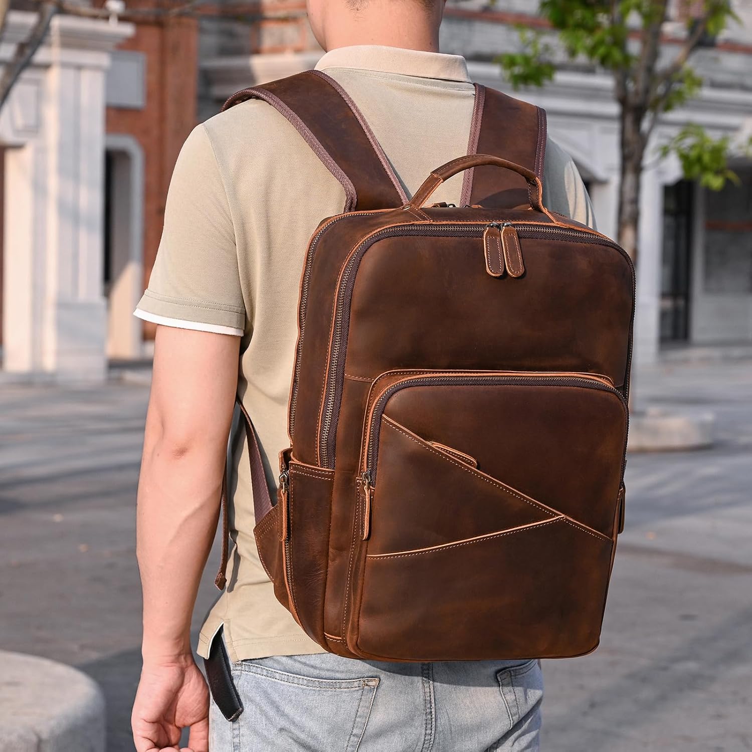 Vintage Full Grain Leather Backpack for Men, 16" Laptop Rucksack For Men Hiking Trave Work Business Bag, Brown