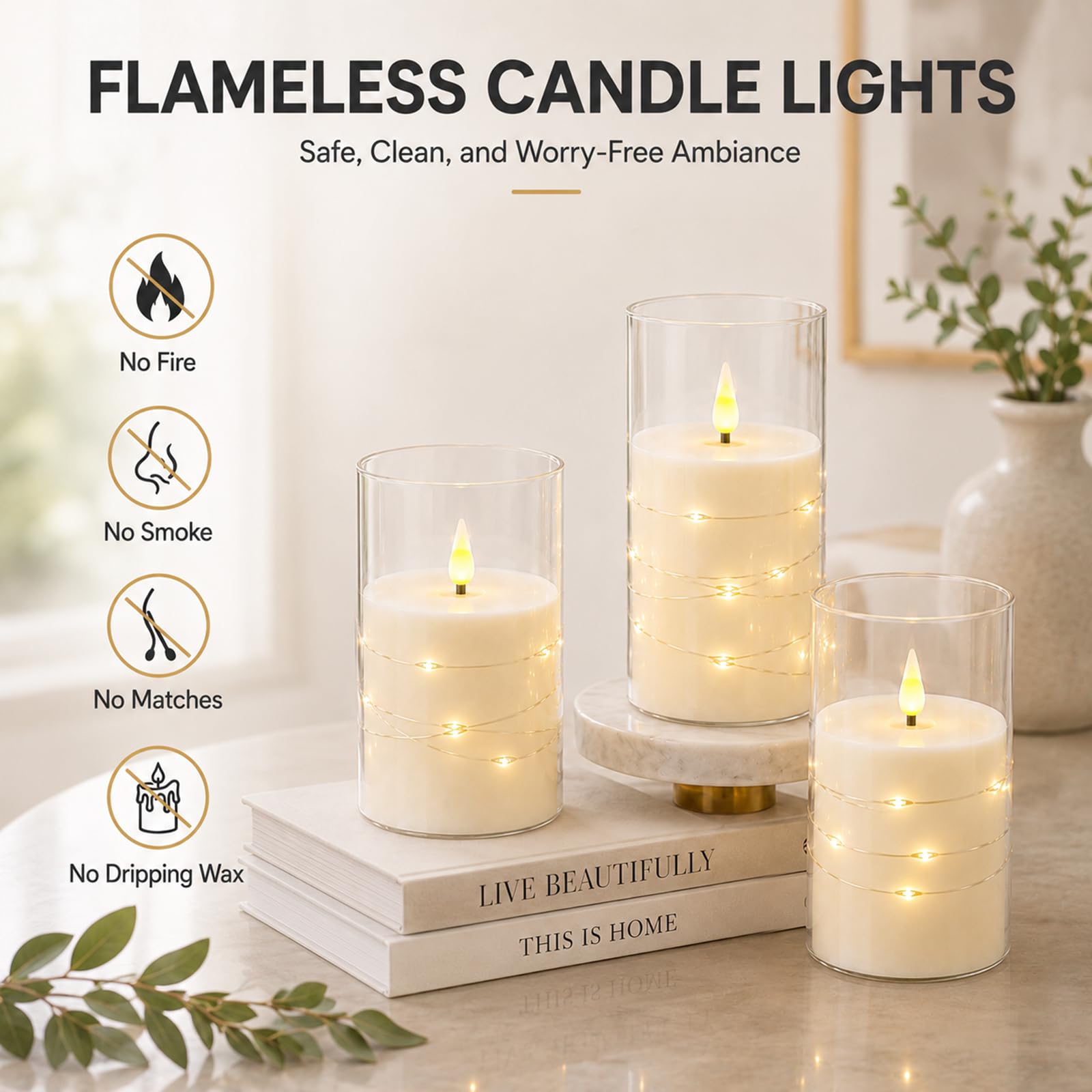 Lot de 3 bougies électriques sans flamme à LED vacillantes avec télécommande et minuteur, à intensité variable en cire véritable à piles, pour maison, mariage, fête, décoration de vacances (ivoire)