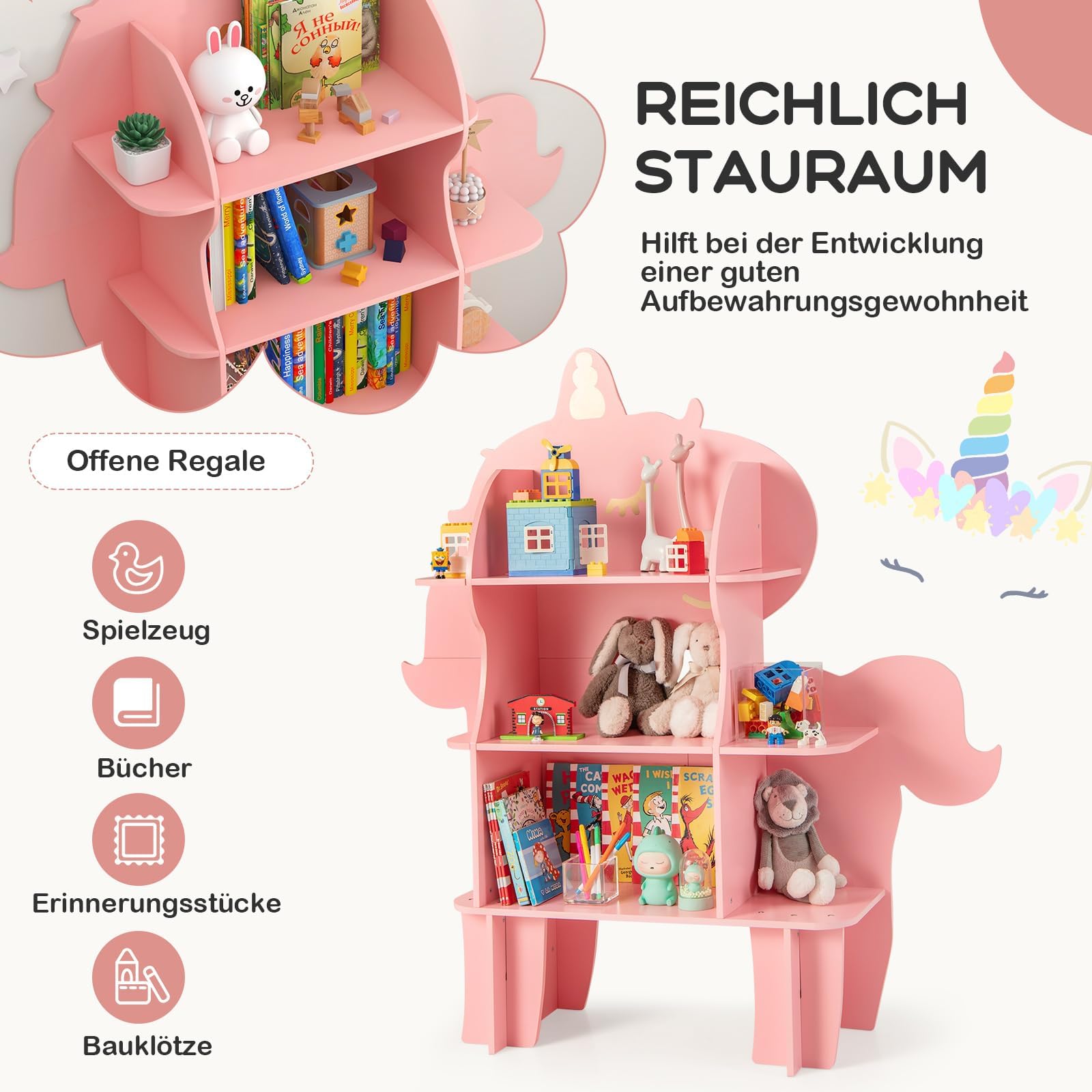 COSTWAY Kinderregal 3 Ebenen in Einhornform, Spielzeugregal Holz mit offenen Regalen, Bücherregal Kinder, Kinderzimmer Regal für Kinderzimmer, Spielzimmer, Kindergarten
