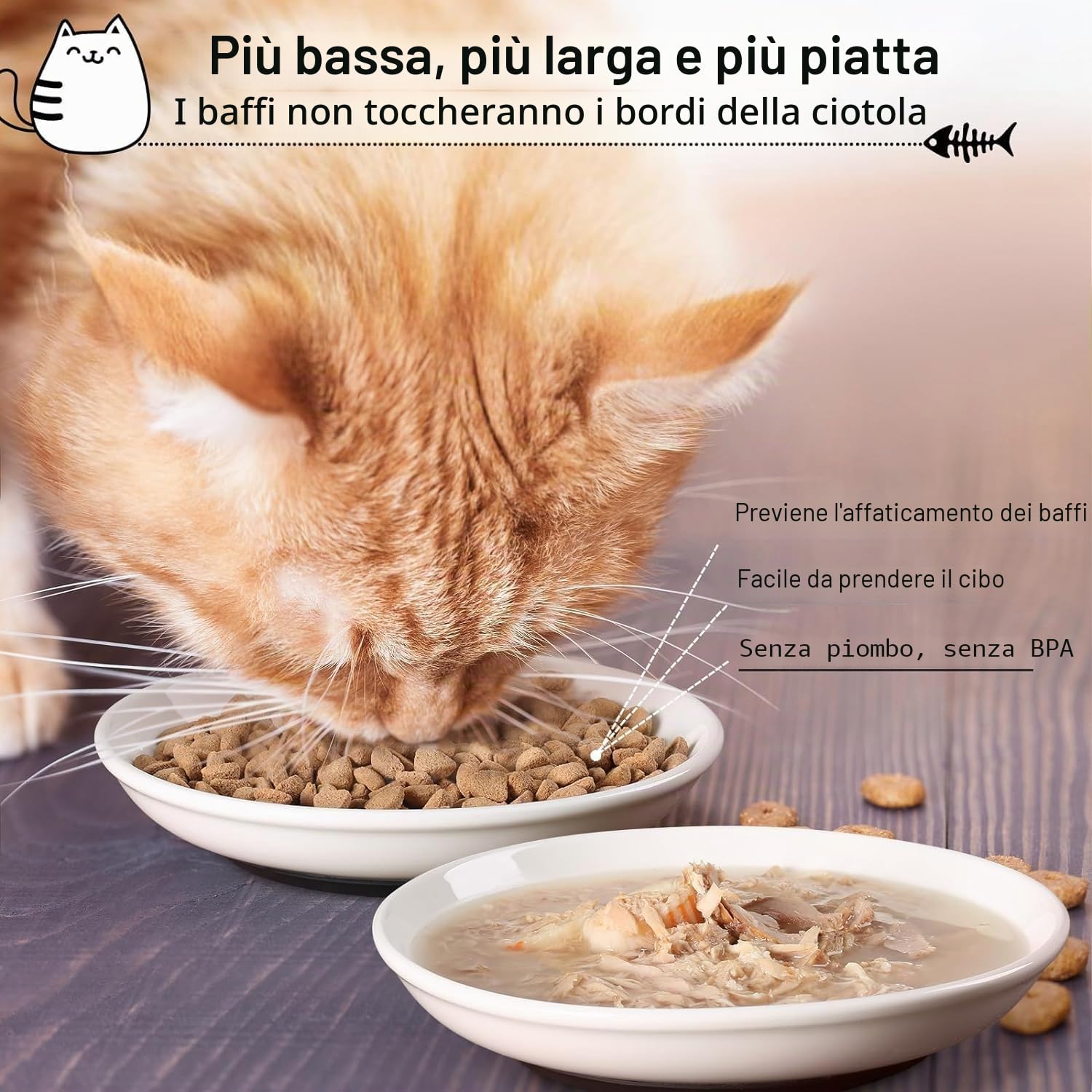 Pavlleen Ciotole per gatti in ceramica, Piatto Cibo Gatto Set di 3, con base in gomma antiscivolo, Ciotola Piatta Gatti per Alleviare l'affaticamento Dei Baffi, per gatti e piccoli animali