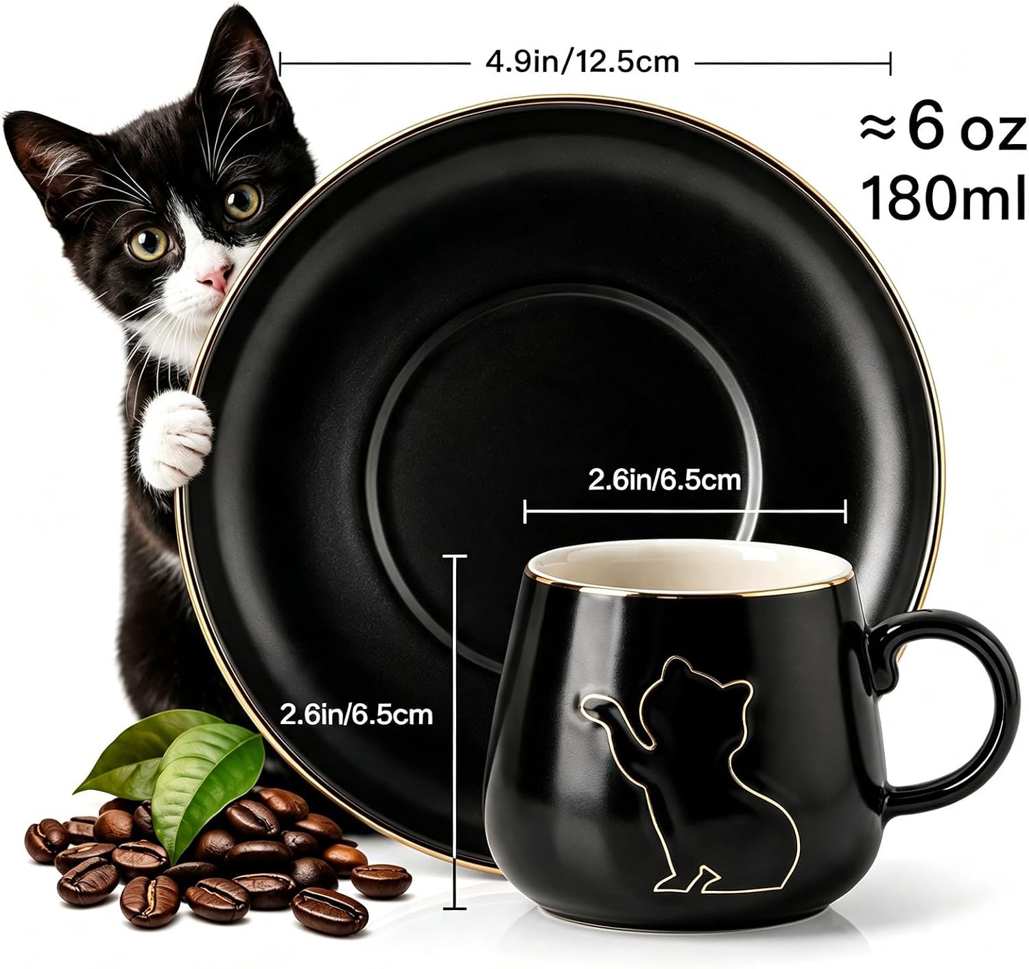 6 oz Ceramic Espresso Cups Set of 2 with Saucers Black Cat Coffee Cup Set with Gold Rim and Gift Box for Espresso Cappuccino and Coffee