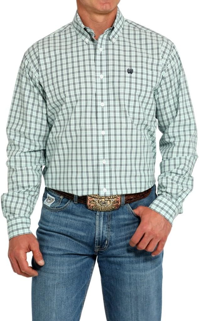 Cinch Men's Turquoise Plaid Long Sleeve Button Shirt