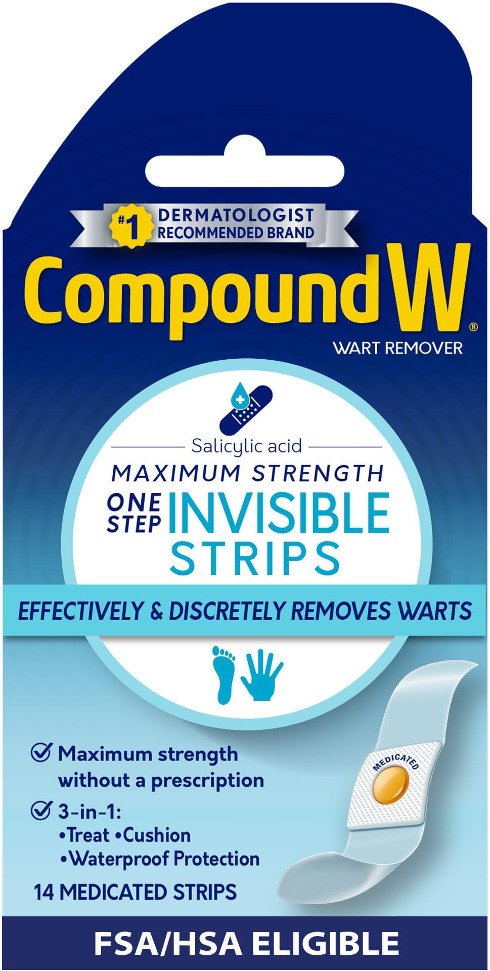 Compound W Maximum Strength One Step Invisible Wart Remover Strips with Salicylic Acid, Waterproof, Discreet Wart Removal Bandages for Common and Plantar Warts, 14 Count
