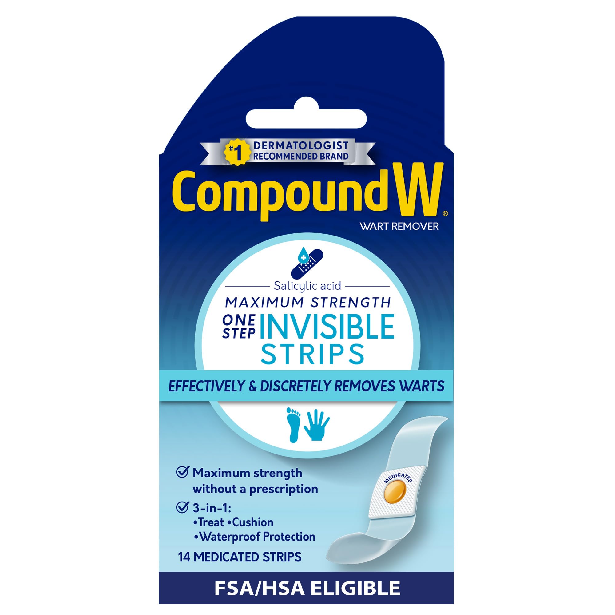 Compound WMed Tech Products Maximum Strength Wart Remover One Step Invisible Medicated Strips, 14 each (Pack of 1)
