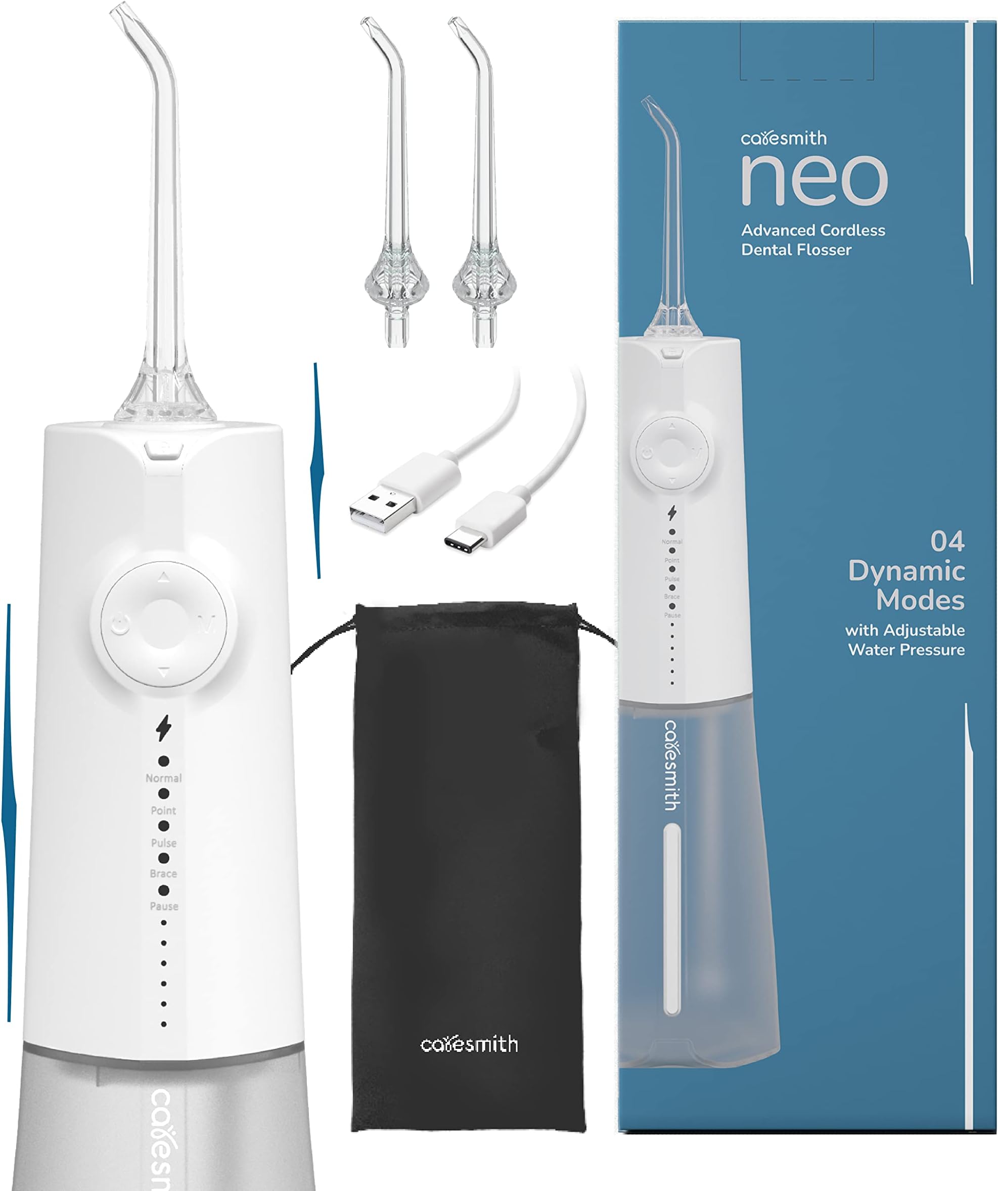 Caresmith Neo Cordless Oral Flosser | 24 Pressure Settings with 5 Modes & 6 Intensities | 300 ml Large Detachable Water Tank | Dental Flosser for teeth | IPX7 Waterproof | 2 Jet Tips Provided (White)