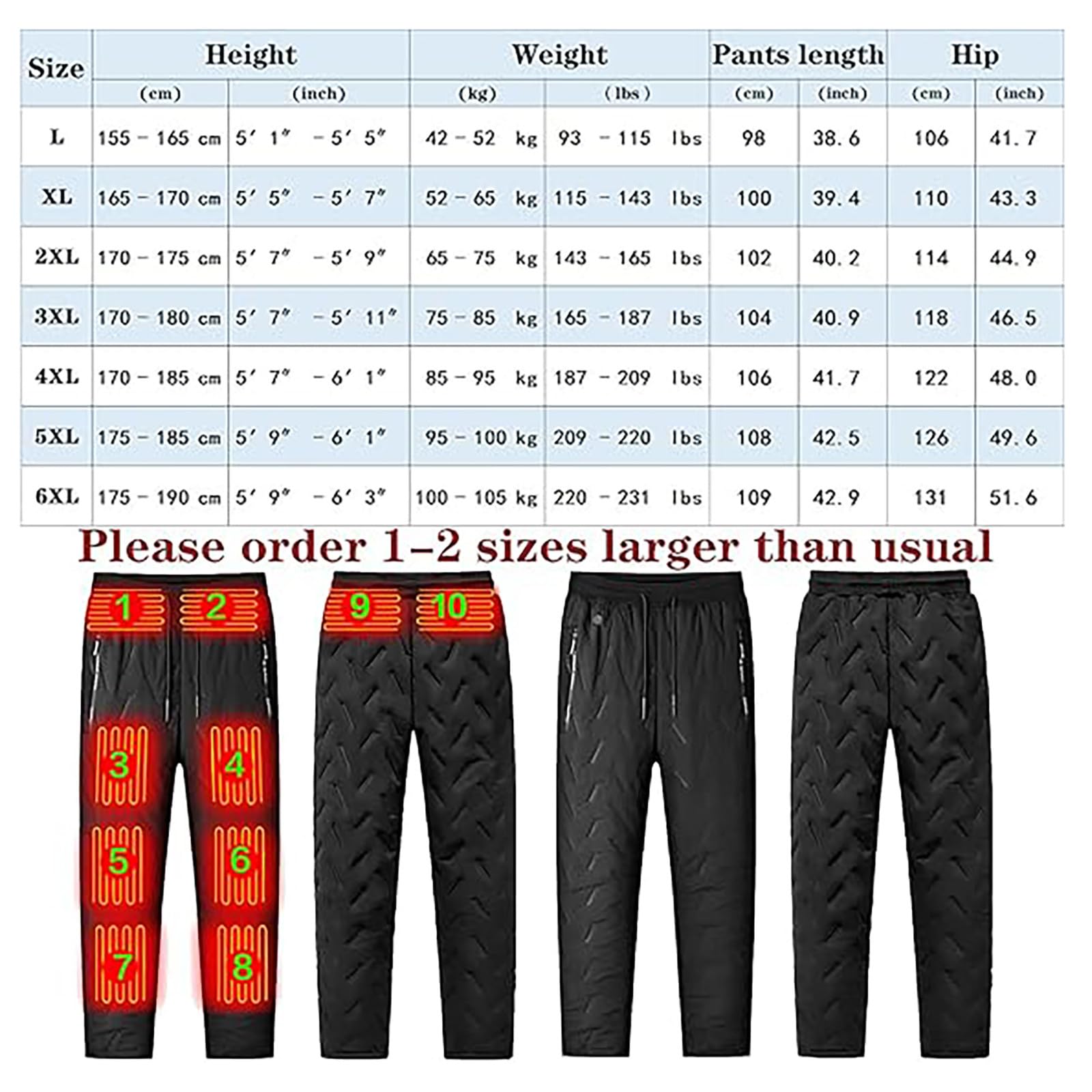Generisch Pantalon thermique chauffant pour homme et femme avec poche zippée pratique