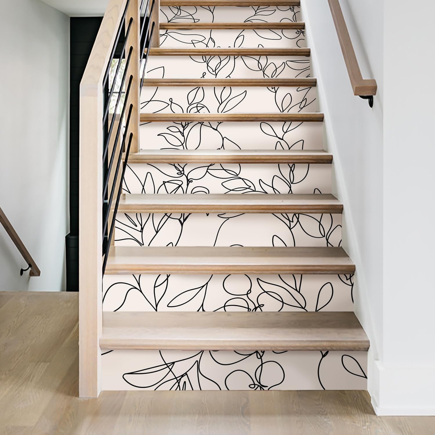 15Pcs Leather Textured Vinyl Peel and Stick Stair Riser Decals, Self-Adhesive Staircase Riser Stickers, Textured PVC Abstract Boho Leaves, Beige Background Abstract Boho Leaves With Beige Bg 39.37''x7.09''-Textured PVC