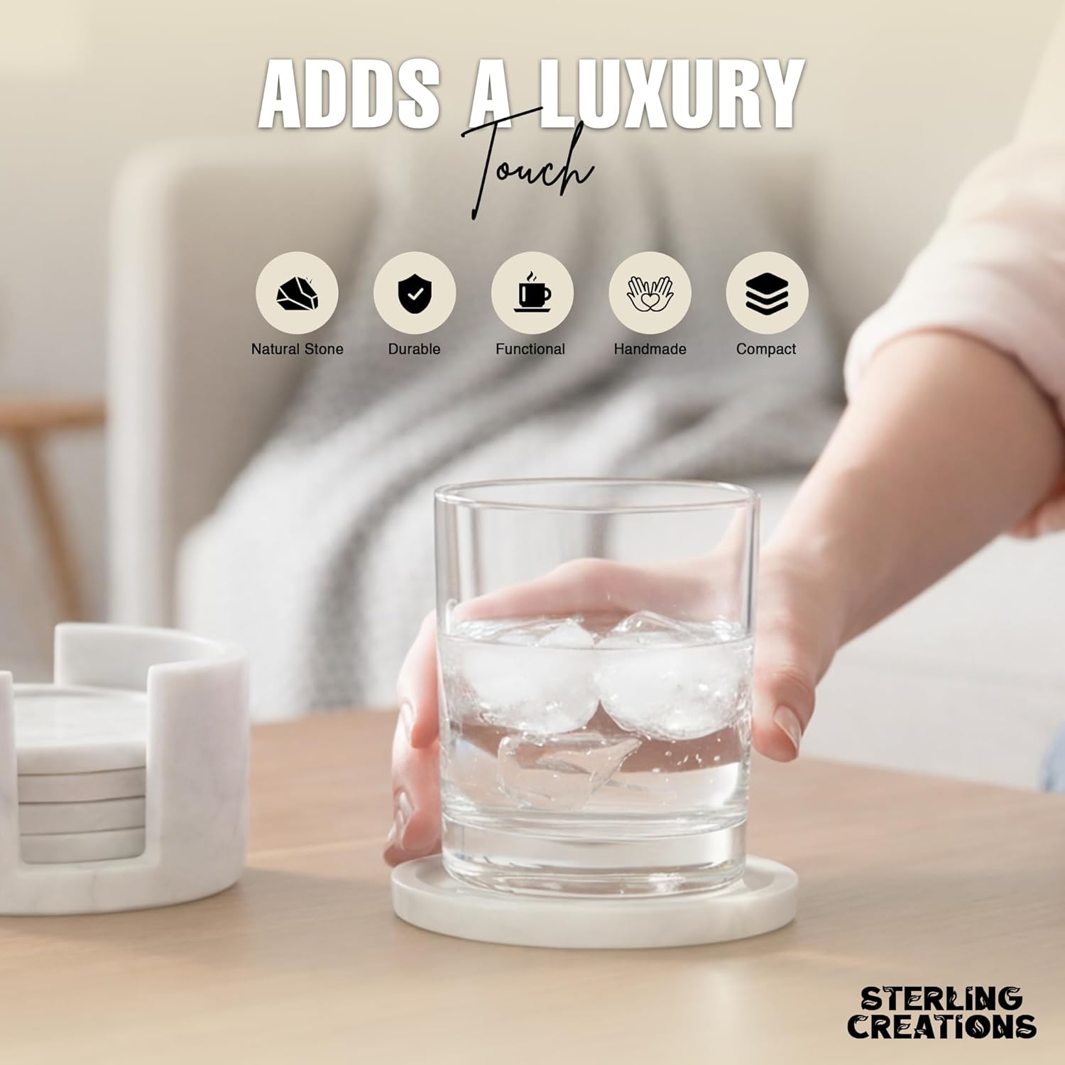 Handmade Marble Coasters Set of 6 with Holder |4 Inch Round Stone Drink Coasters for Coffee Table, Dining & Kitchen Decor Elegant White Coaster Set for Home & Bar Accessories