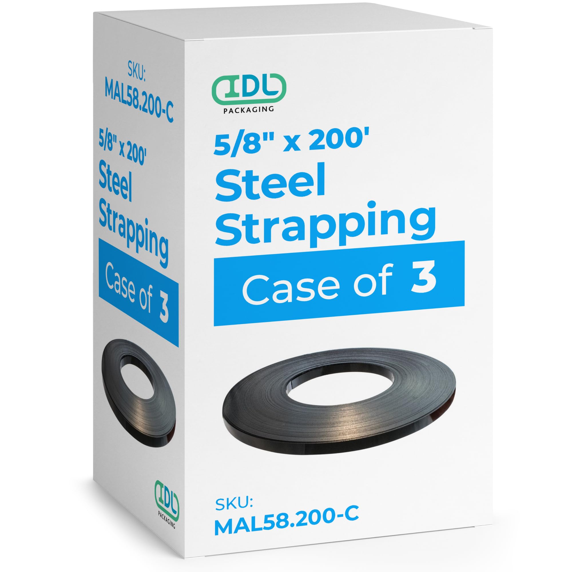IDL Packaging 5/8" x .020" x 200' Steel Strapping Coil, 1400 Lbs Break Strength in Self-Dispensed Сardboard Box - Portable Strong Banding with Superior Cut-Resistance (Pack of 3)