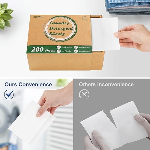 Miniatura 5 de Zimwin Hojas de detergente para ropa de hasta 200 cargas, tiras de detergente ecológicas sin fragancia, sin plástico, portátil, hipoalergénico, sin