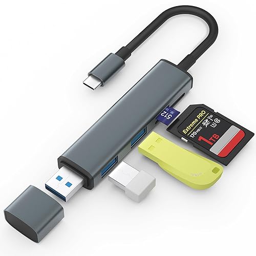 SZHAIYIJIN USB 3.0 SD Card Reader with Dual USB Ports, USB C SD Card Reader for iPhone 15/iPad/Mac 4 Ports Read and Write Simultaneously Memory Card Adapter for MacBook Pro/Air iMac Android S23 S22 - Grey(4 in 1)