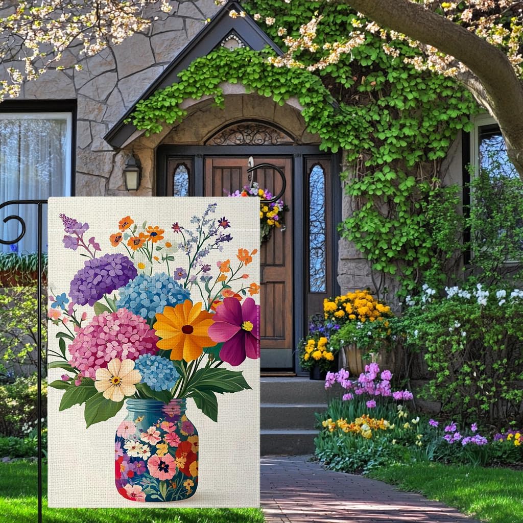 Spring Summer Colorful Floral Mason Jar Garden Flag 12x18 Inch Double Sided Hydrangea Flower Yard Outdoor Flag House Holiday Outside Decoration - Image 2