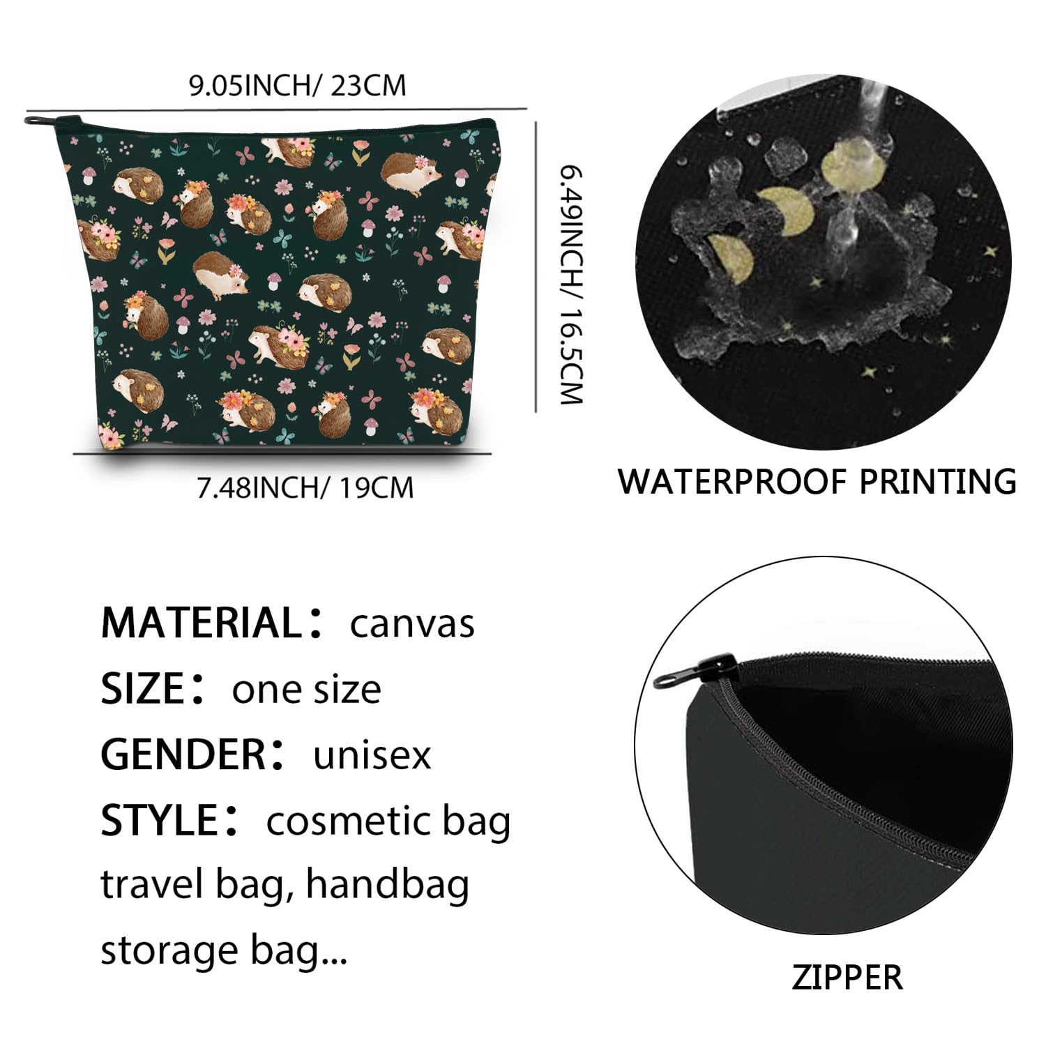 Hedgehog Cosmetic Makeup Bag Hedgehog Mom Gift Animal Lover Gift Hedgehog Owner Gift The Hedgehog Zipper Pouch (Cotton - Image 3
