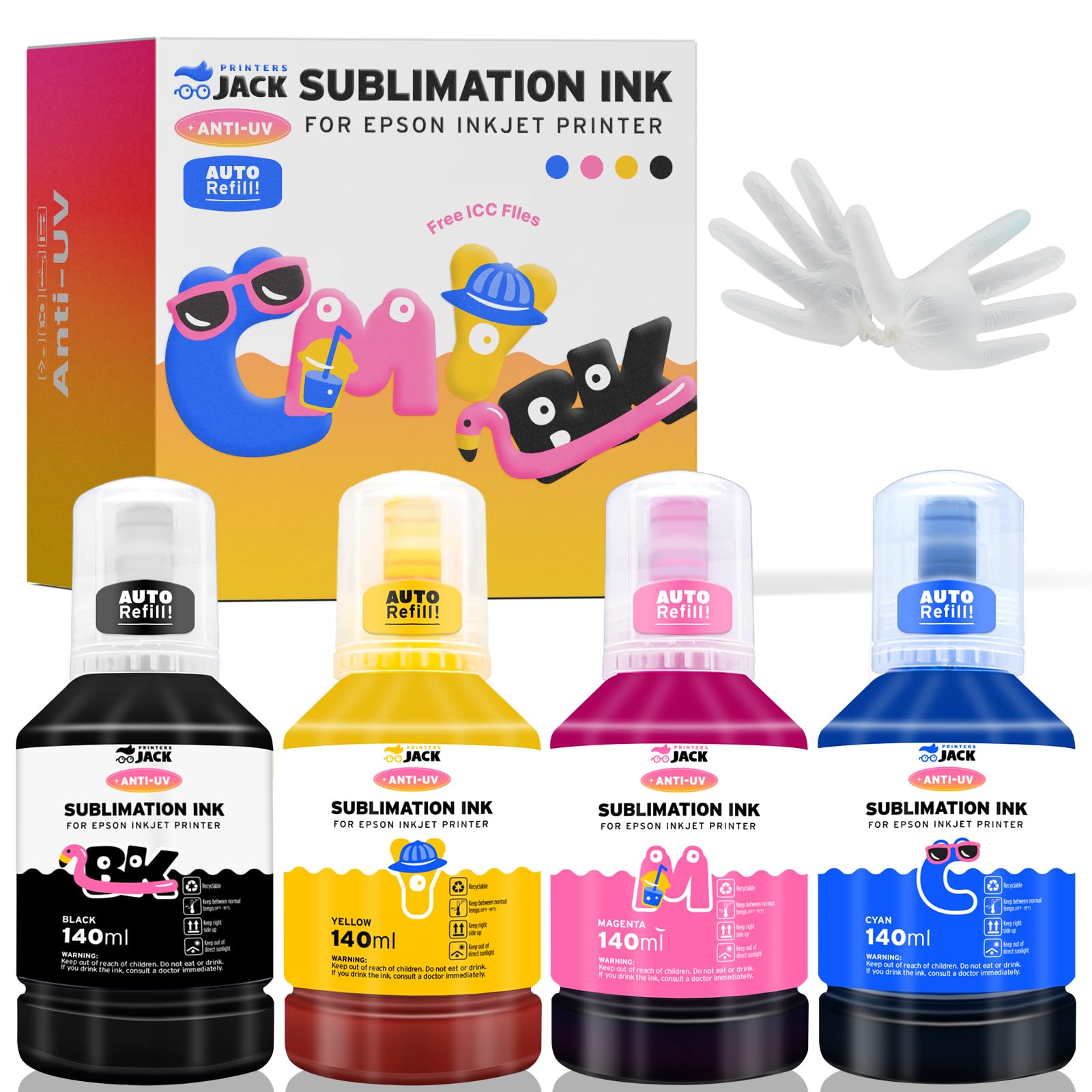 Printers Jack Sublimation Ink Refill 140ml x 4 for Supertank Printers ET-2720 ET-2760 ET-2750 ET-4700 ET-3760 560ml/Anti-UV/Upgrade Version/ICC Free