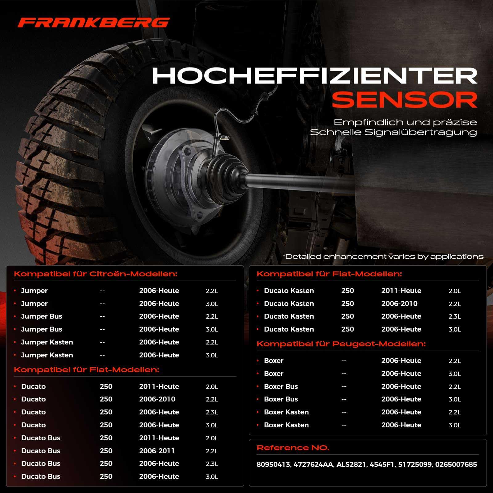Frankberg 1x ABS Sensor Vorderachse beidseitig Kompatibel mit Ducato Bus 250 290 2.0L-3.0L 2006-2024 Jumper Kasten 2.2L 3.0L 2006-2024 Boxer Kasten 2.2L 3.0L 2006-2024 Replace# 51725099
