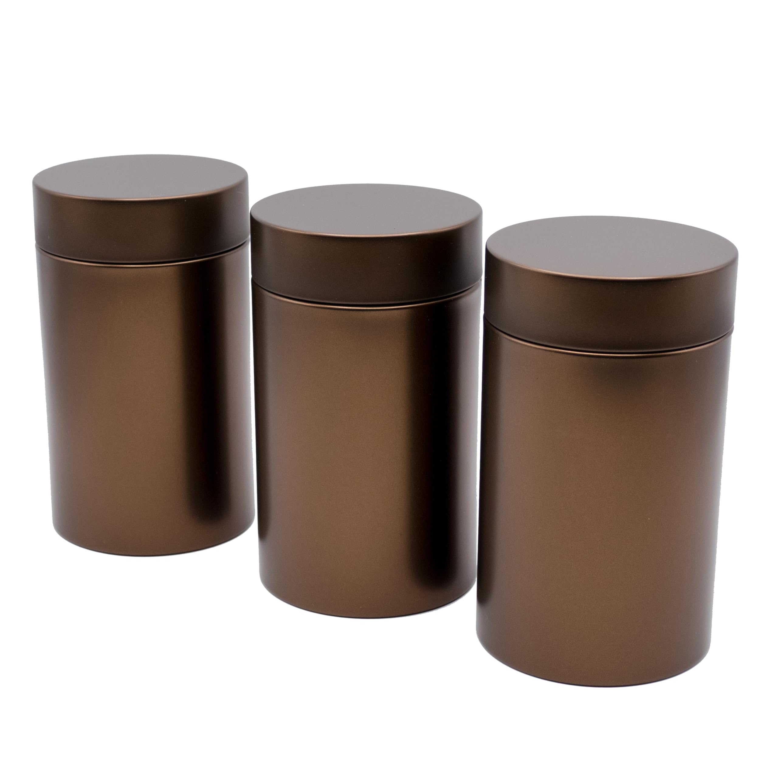 3 x okrągła puszka na herbatę / puszka na zapasy, metaliczna kawowo-brązowa, odporna na zapachy z metalu, każda po 200 g Earl Grey | 14,5 x 8,3 (wys. ,Ø) | idealnie nadaje się również