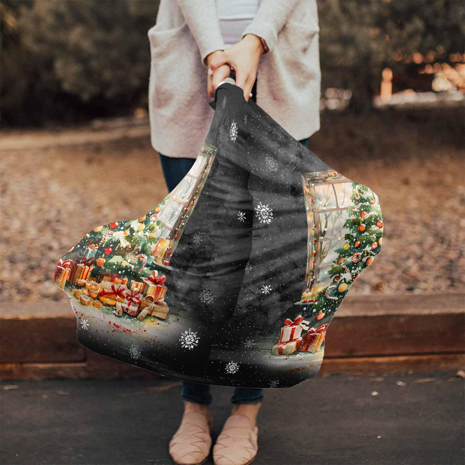 Nursing Cover for Breastfeeding Scarf, Black Watercolor Gorgeous Christmas Tree Snow Baby Car Covers Super Soft Multi Use for Canopy Shopping Cart Cover Blanket Stroller Cover