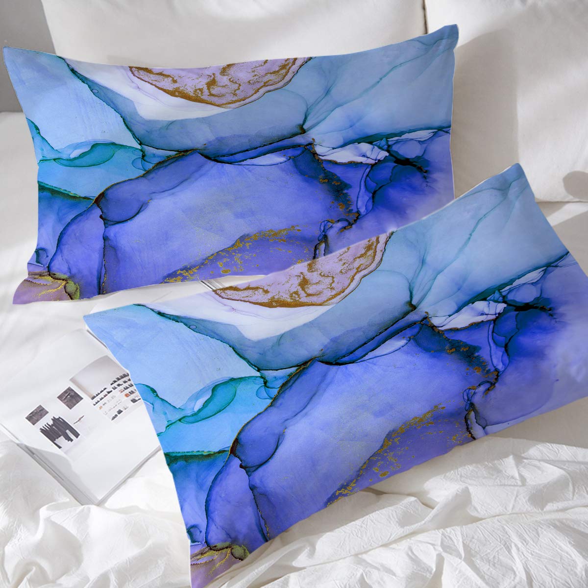 BlessLiving Pillow Cases Set of 2 Cute Blue Purple Gold Modern Watercolor Ink Marble Throw Pillow Cases for Kids Teens Adults Girls Women, (Queen)