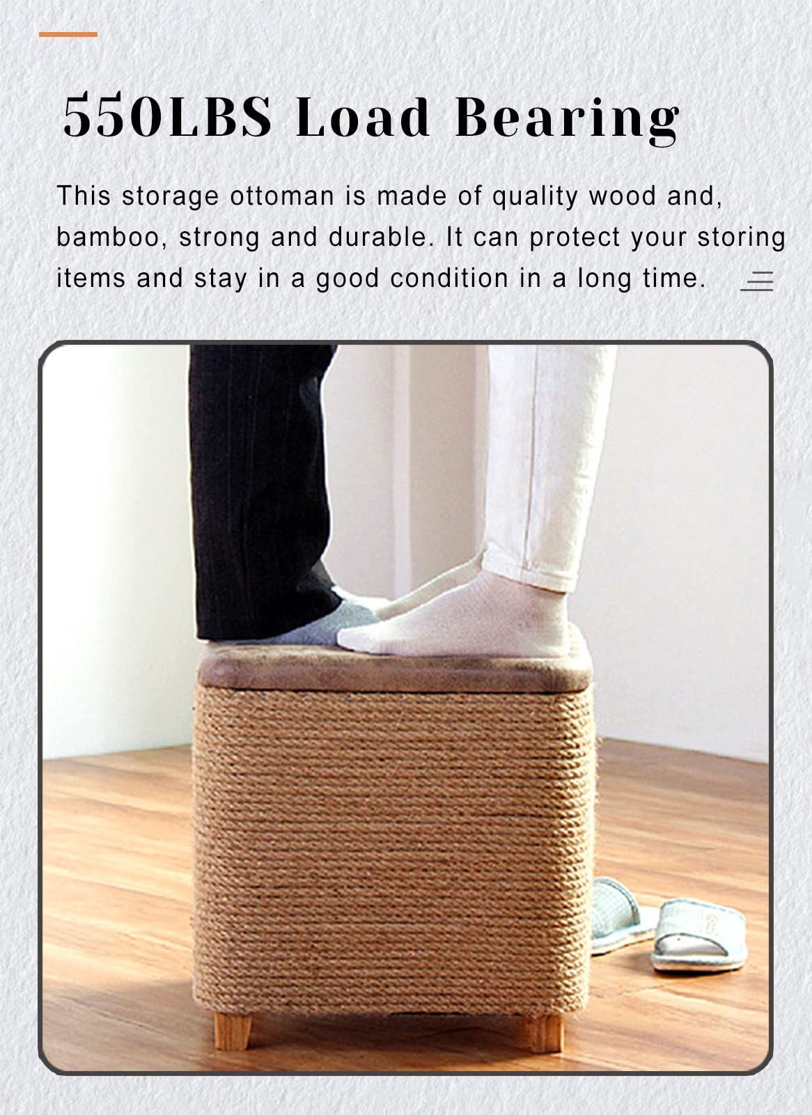 C'ESTBON Ottoman Otomana de Almacenamiento con Cuerda de Cáñamo Tejida, Cubo Otomano de Almacenamiento Ecológico, Cubo de Caja De Almacenamiento de Material Natural, Sala de Estar, Entrada